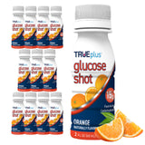 TRUEplus Glucose Shots Orange – bouteille ouverte prête à l'emploi pour un regain rapide.