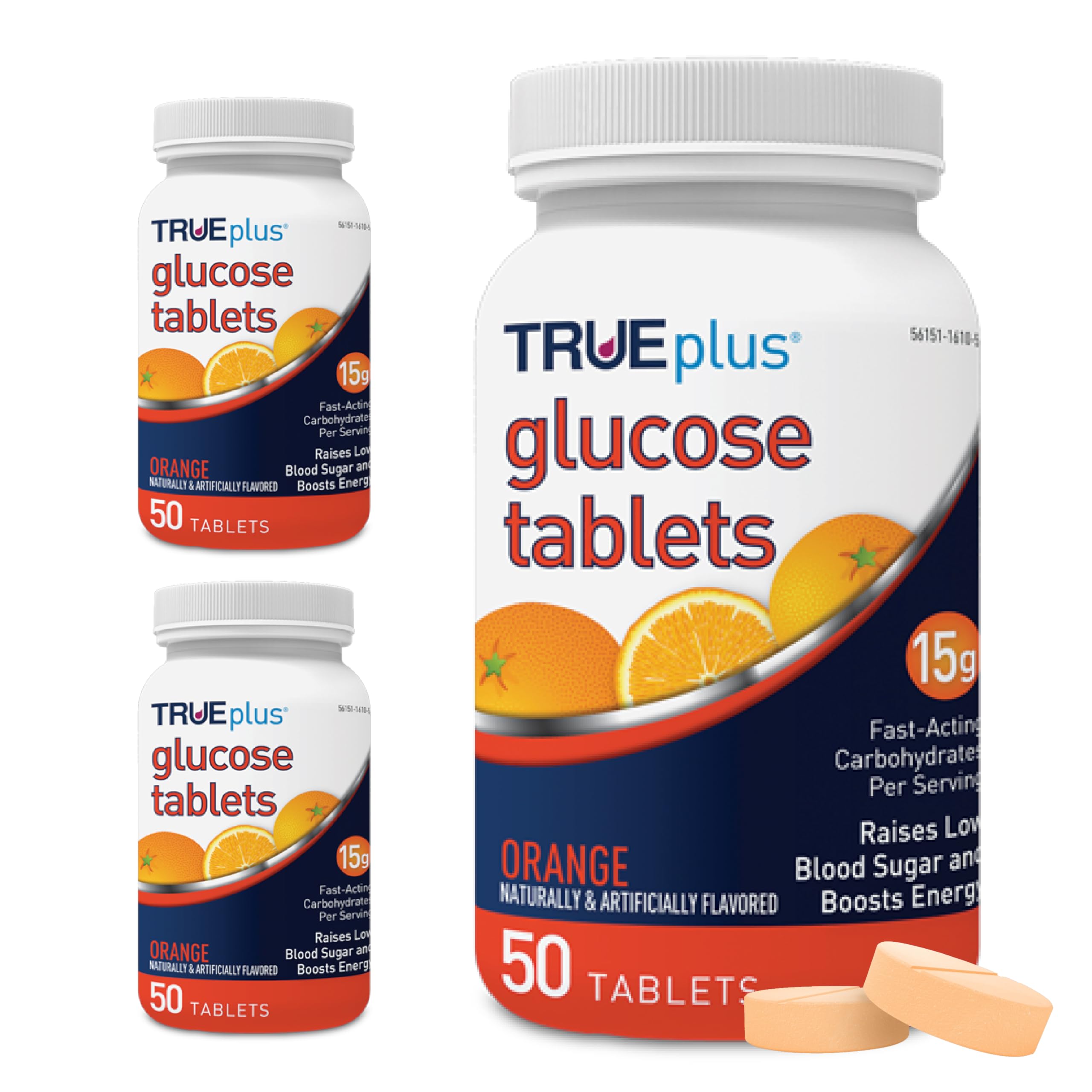 TRUEplus tablettes glucose orange dans la bouteille, pratique pour l'énergie rapide.