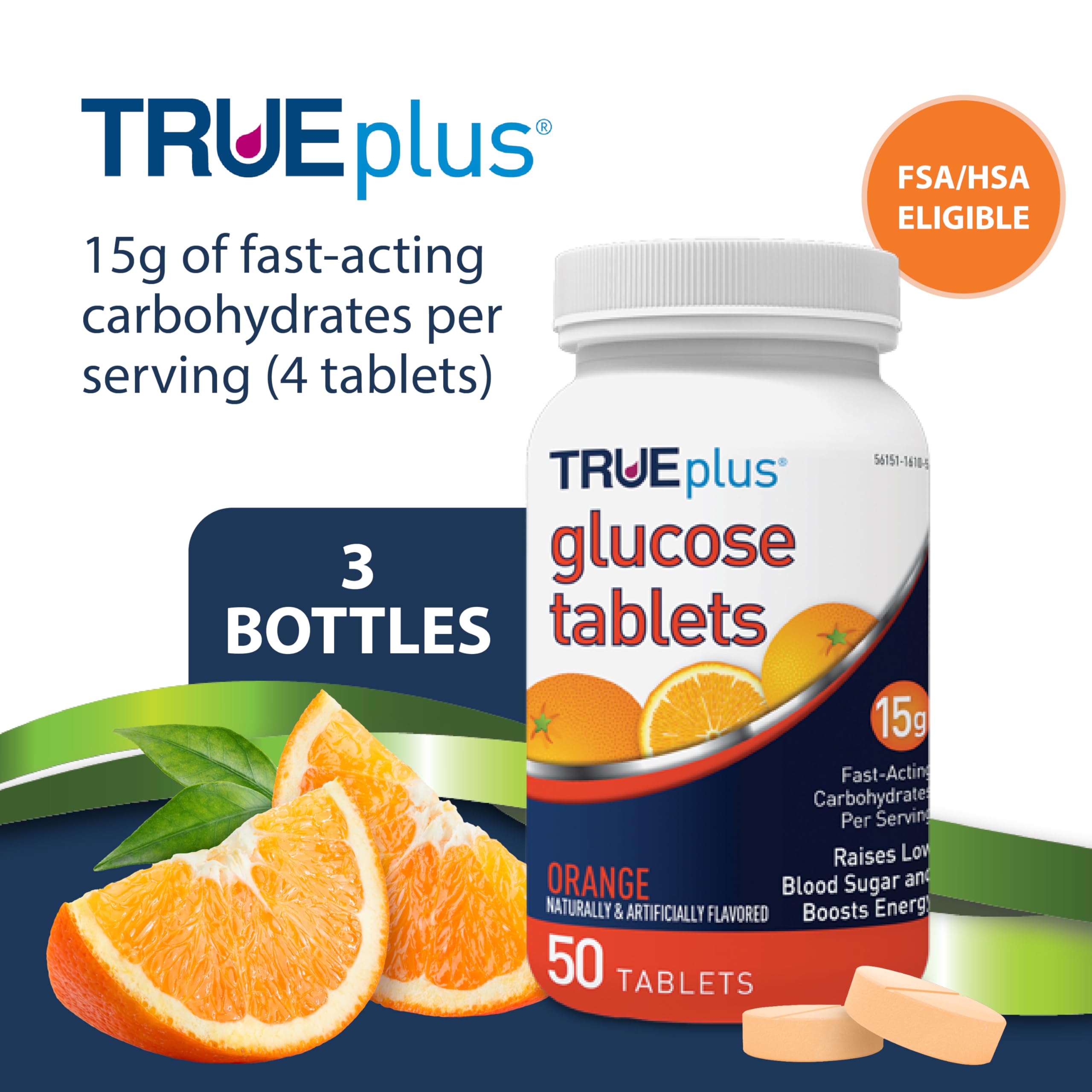 TRUEplus tablettes glucose orange, comprimés faciles à mâcher pour l'énergie lors d'une activité.