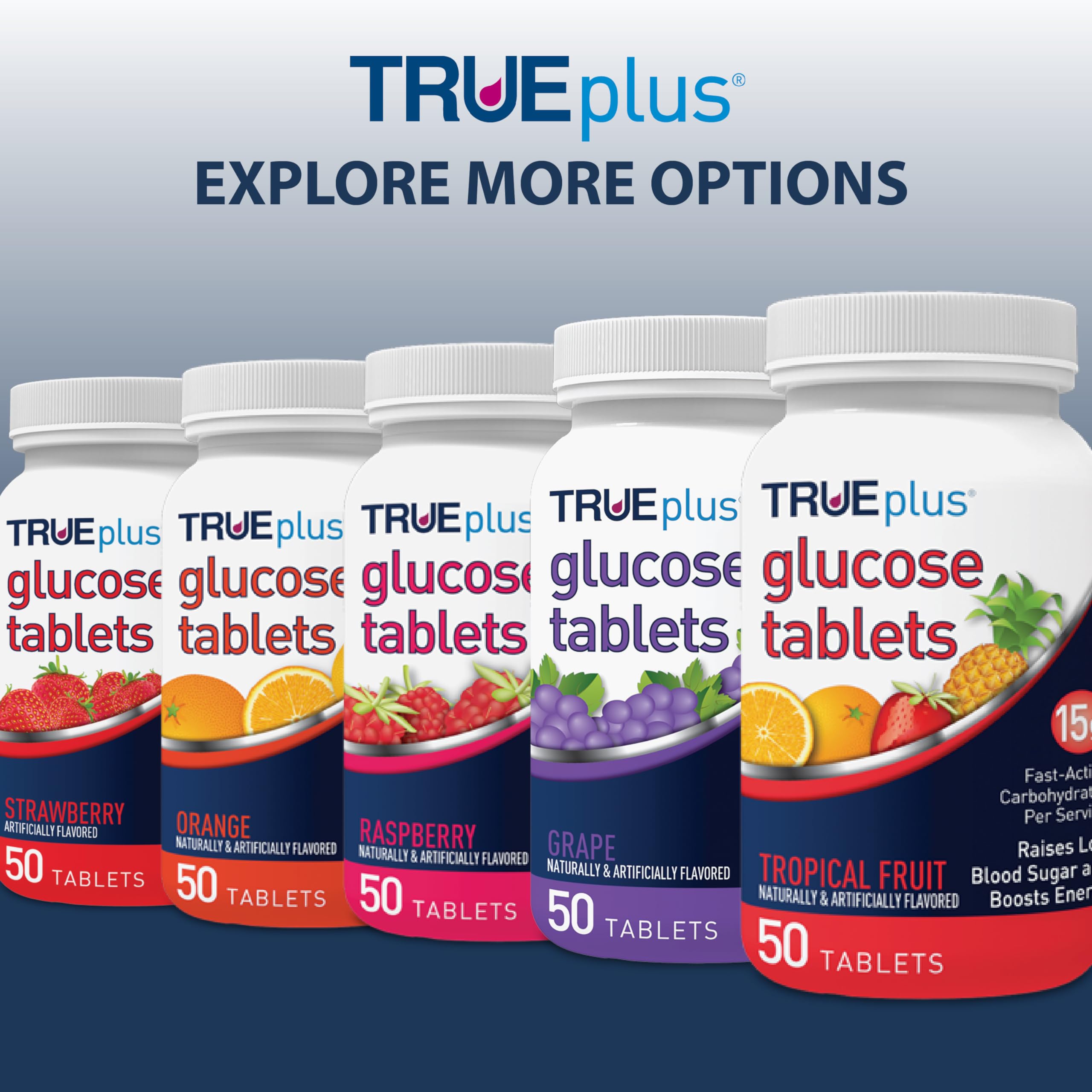 TRUEplus tablettes glucose orange utilisation quotidienne, solution portable pour regain d'énergie.