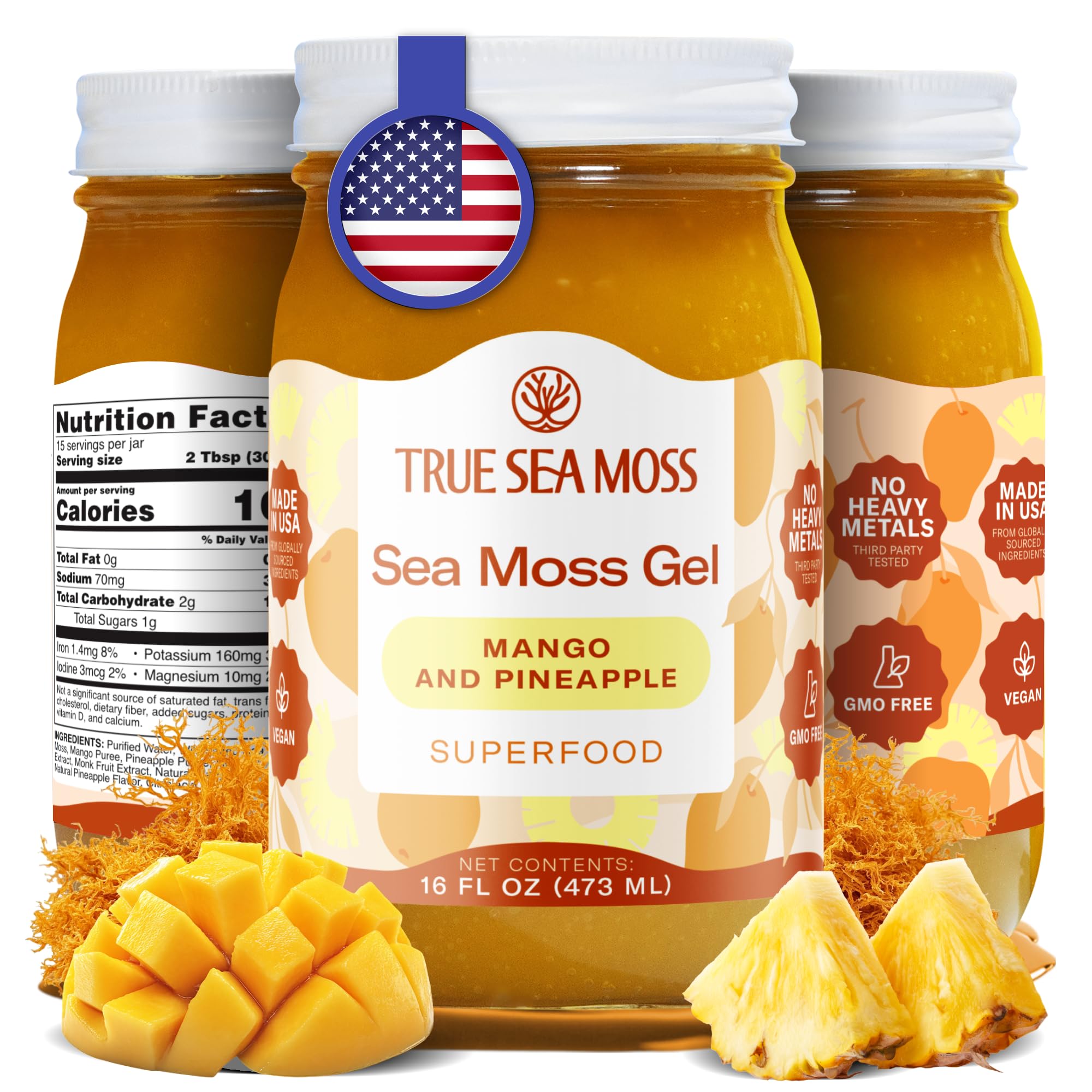 Gel TrueSeaMoss à texture lisse avec mangue et ananas, prêt à ajouter aux boissons.
