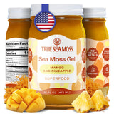 Gel TrueSeaMoss à texture lisse avec mangue et ananas, prêt à ajouter aux boissons.