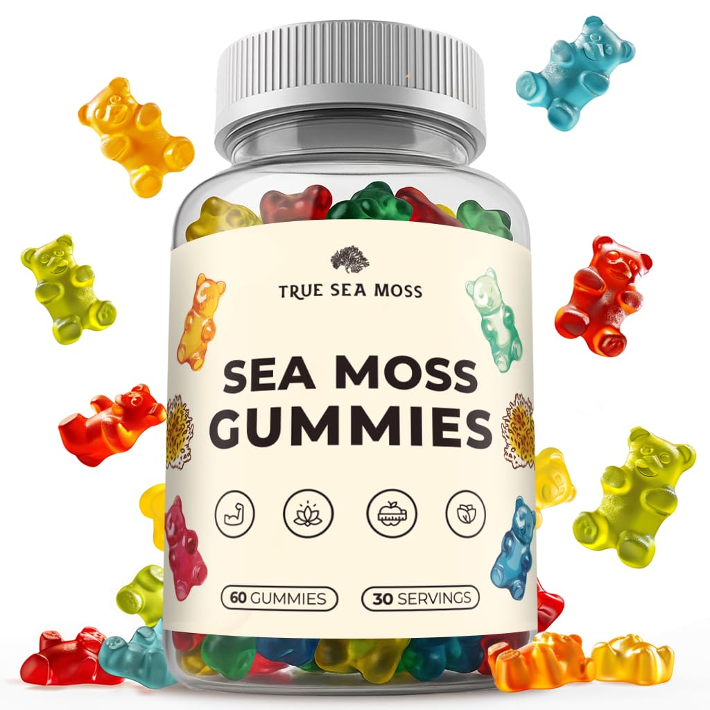 TrueSeaMoss Gummies - bouteille et étiquette visibles, pratique pour une routine quotidienne.