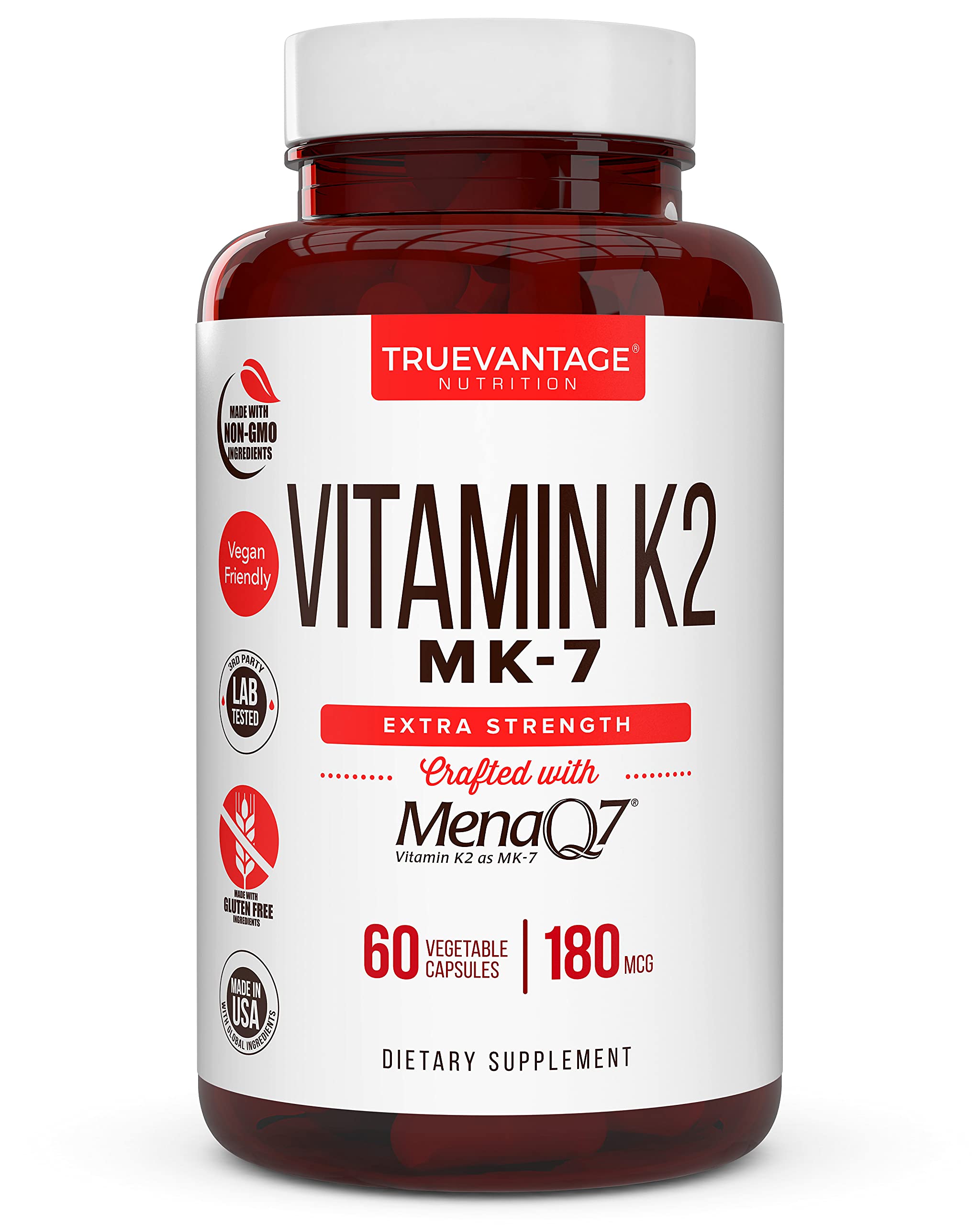 Truevantage Nutrition Vitamine K2 MK7, bouteille et gélules, soutient l’absorption du calcium.