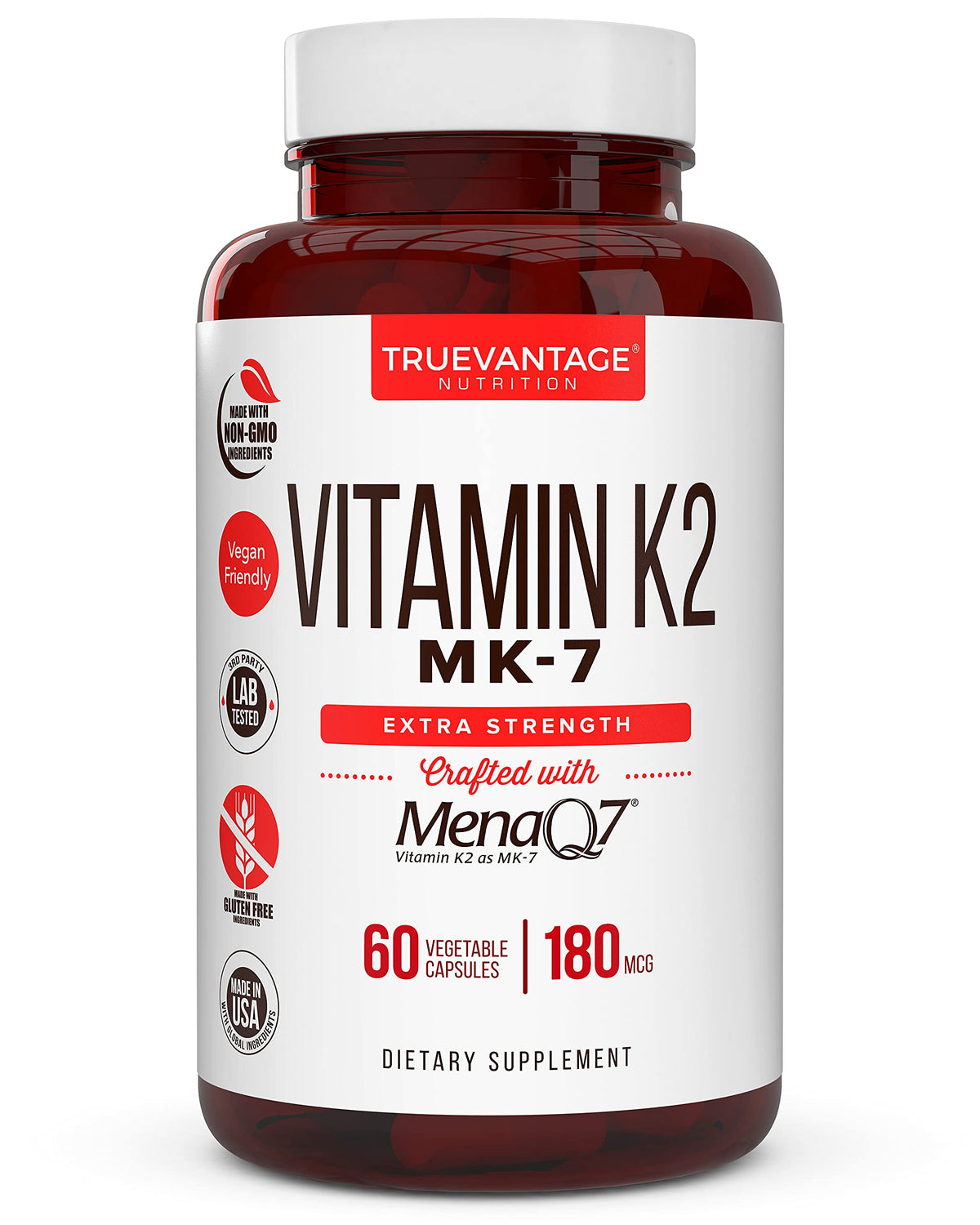 Truevantage Nutrition Vitamine K2 MK7, bouteille et gélules, soutient l’absorption du calcium.
