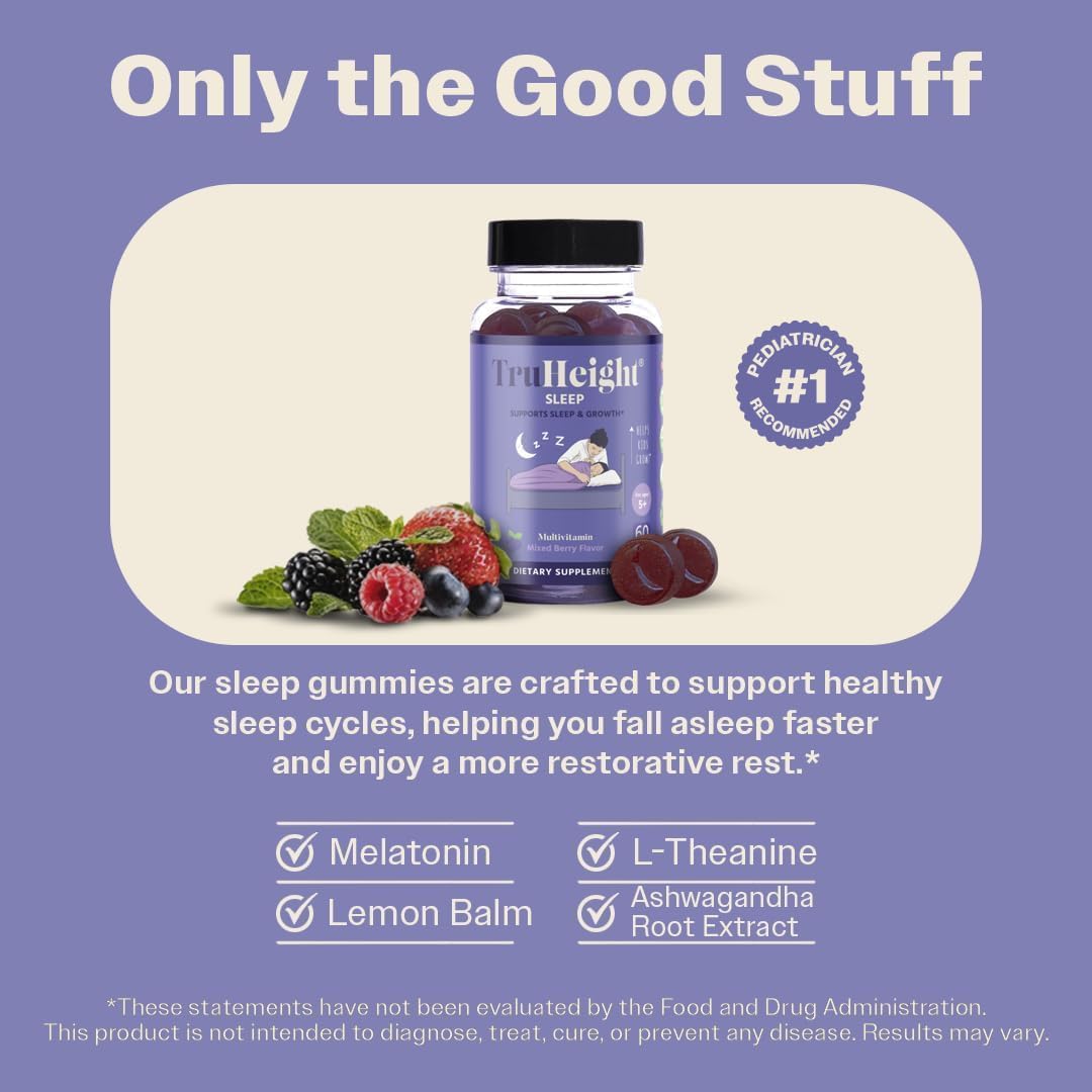 TruHeight : ingrédients naturels Ashwagandha, L-théanine, mélisse et mélatonine pour une routine nocturne.