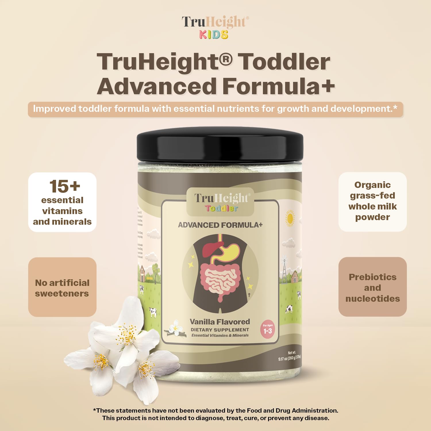 TruHeight: prébiotique et probiotiques favorisant la digestion et l'immunité de l'enfant.