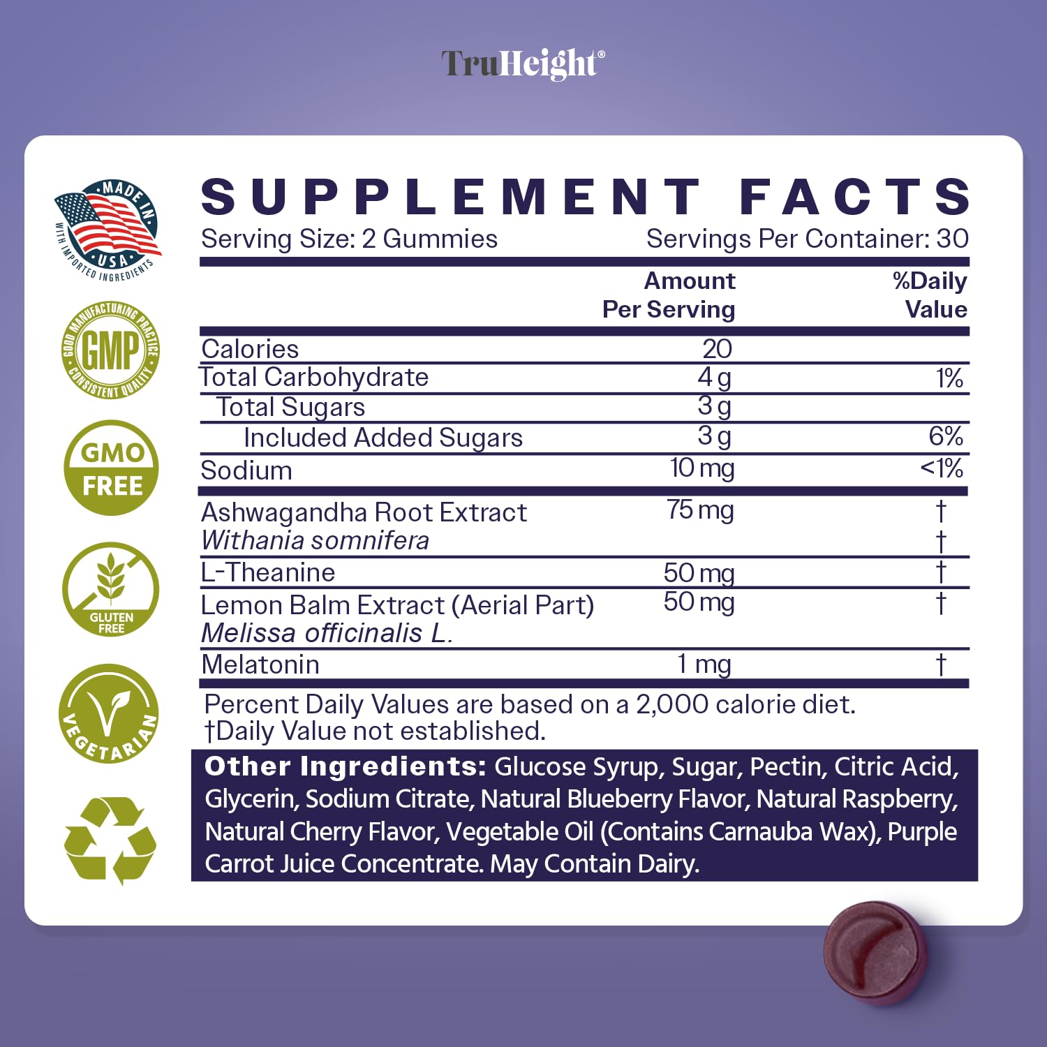 TruHeight : dosage recommandé de 2 bonbons pour le rituel du soir.