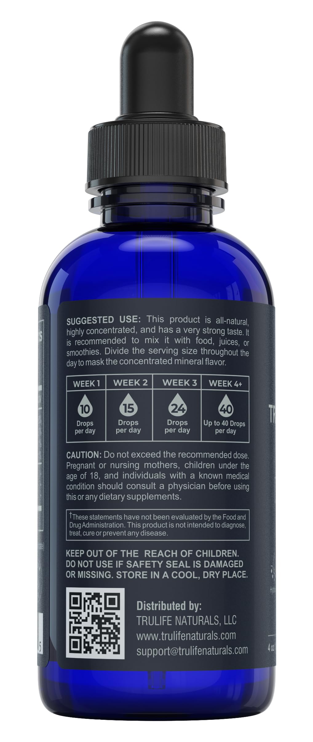 TRULIFE NATURALS Trace Mineral Complex — Gros plan sur les minéraux ioniques, minéraux essentiels.