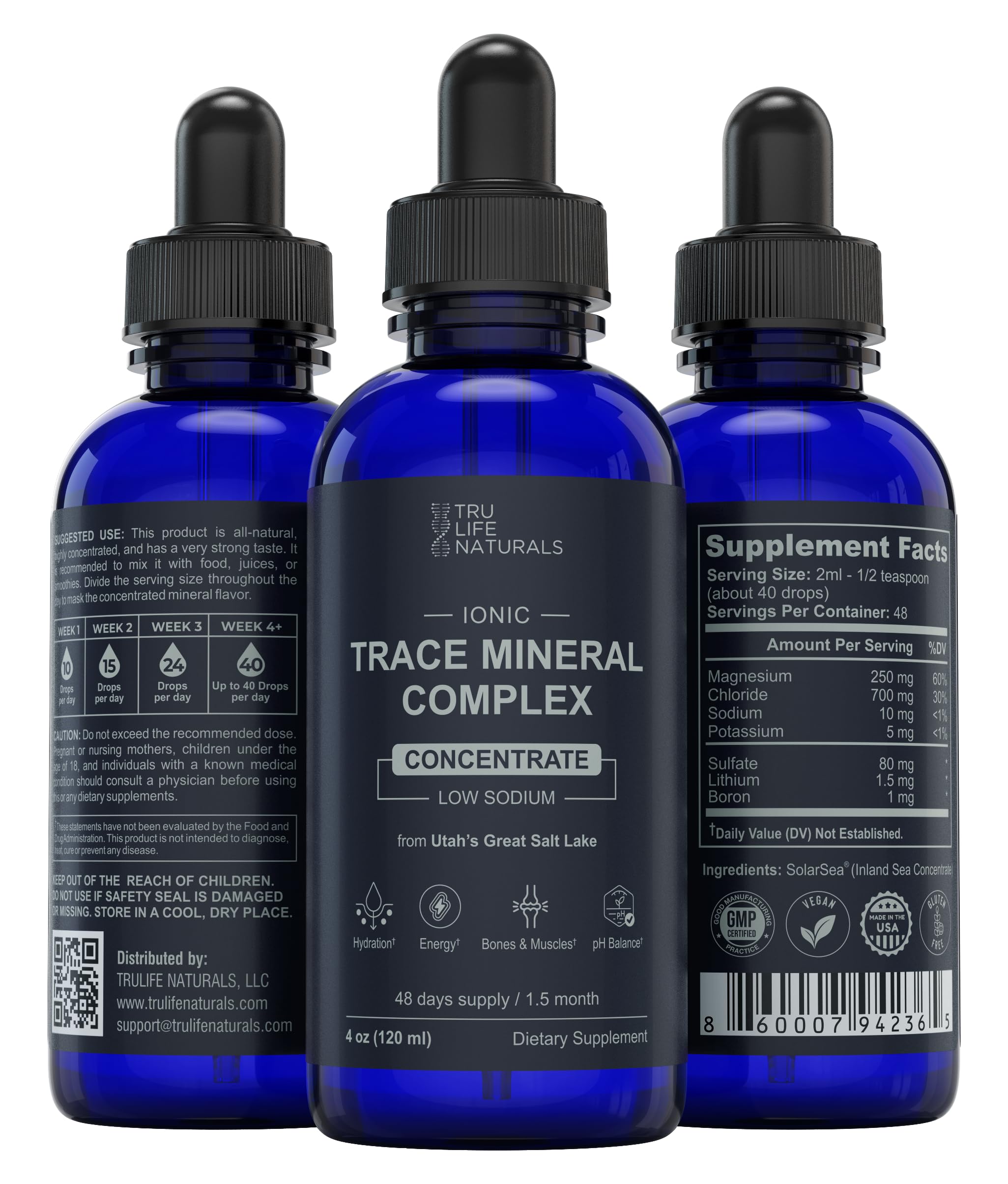 TRULIFE NATURALS Trace Mineral Complex — Utilisation facile dans eau ou jus, sans arômes.