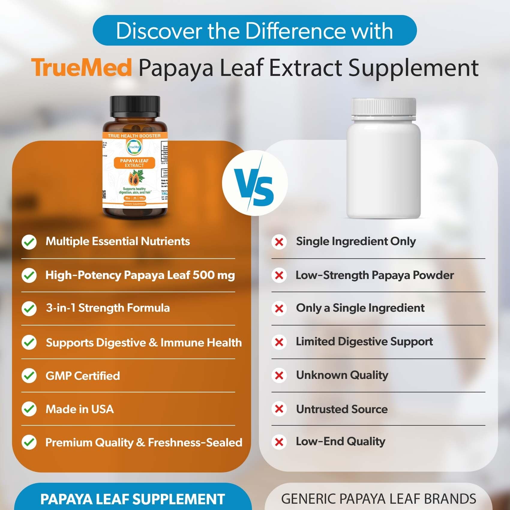 TRUEMED Bouteille papaye 500 mg, apparence naturelle et pureté.