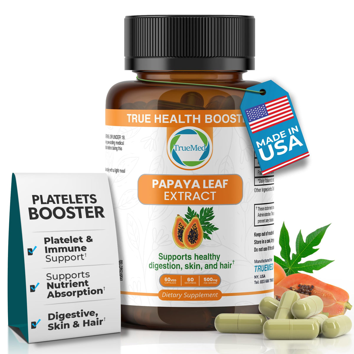 TRUEMED Extrait feuille papaye 500 mg en bouteille, soutien immunitaire potentiel.