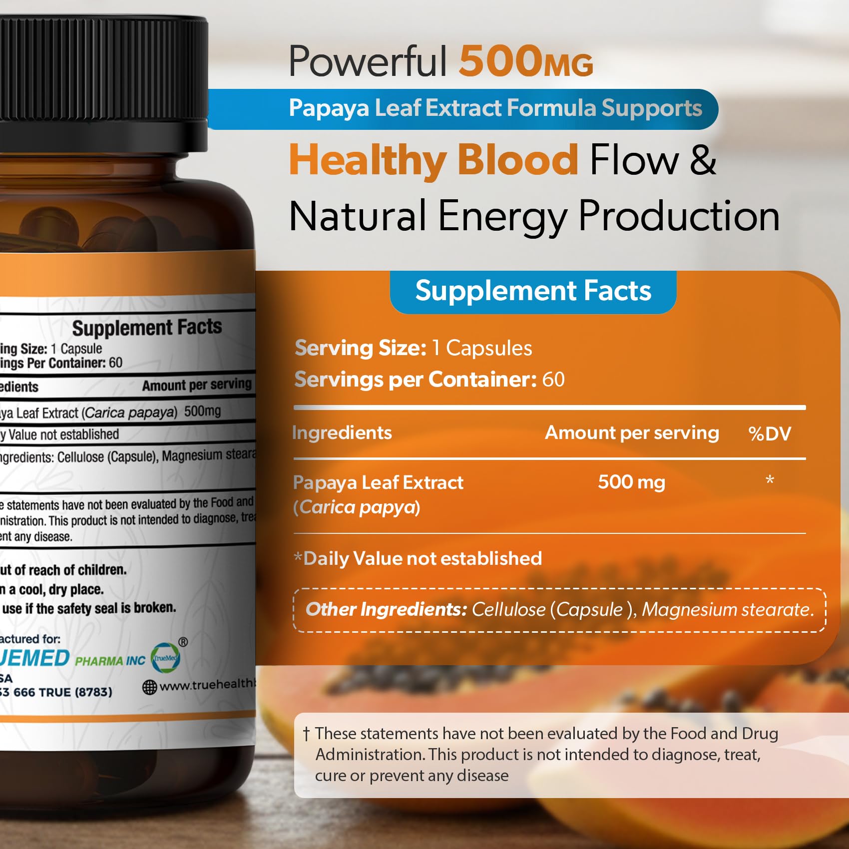 TRUEMED Capsules papaye 500 mg, soutien digestif et énergie quotidienne.