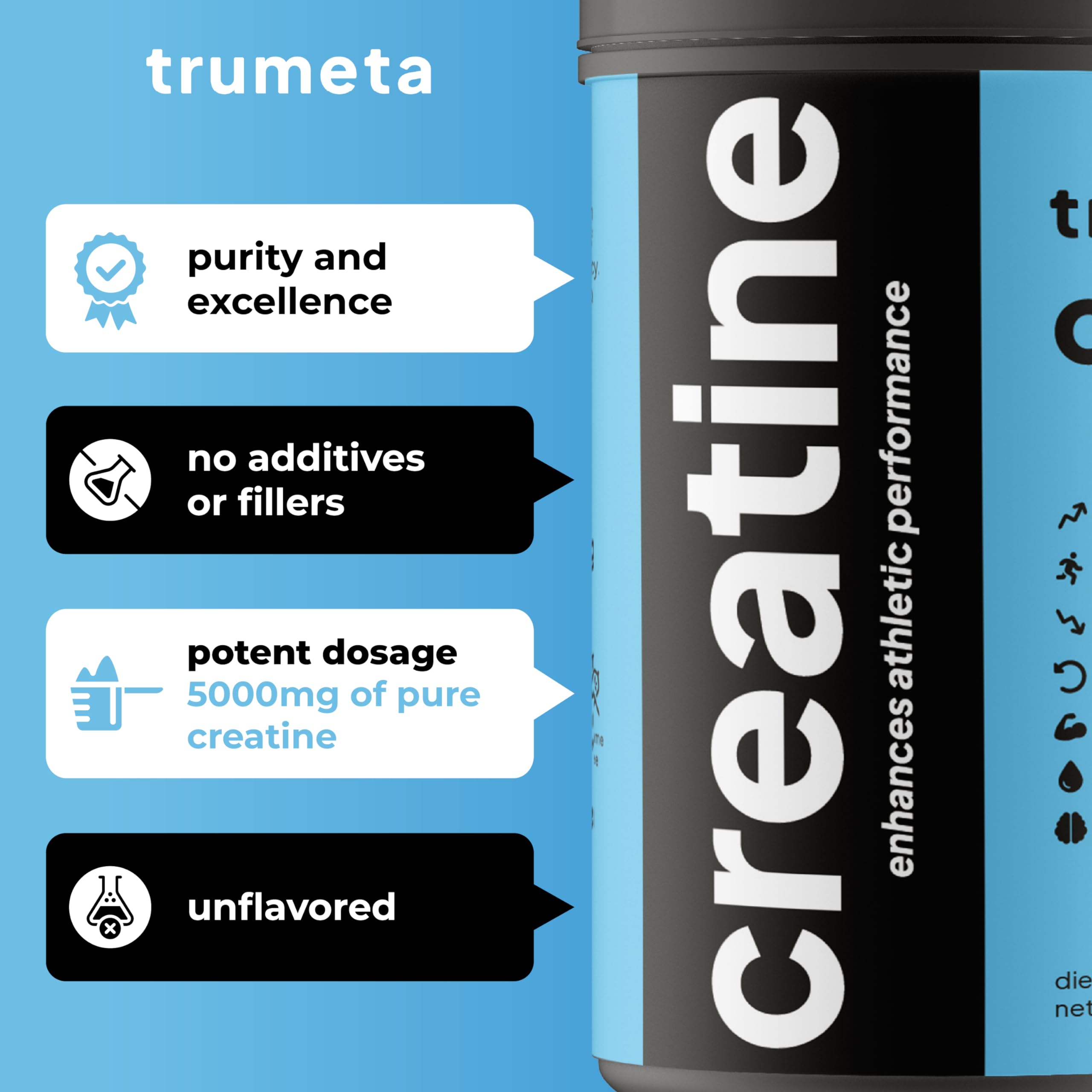 TRUMETA Créatine Monohydrate - doseur, mesure précise pour une nutrition sportive fiable.