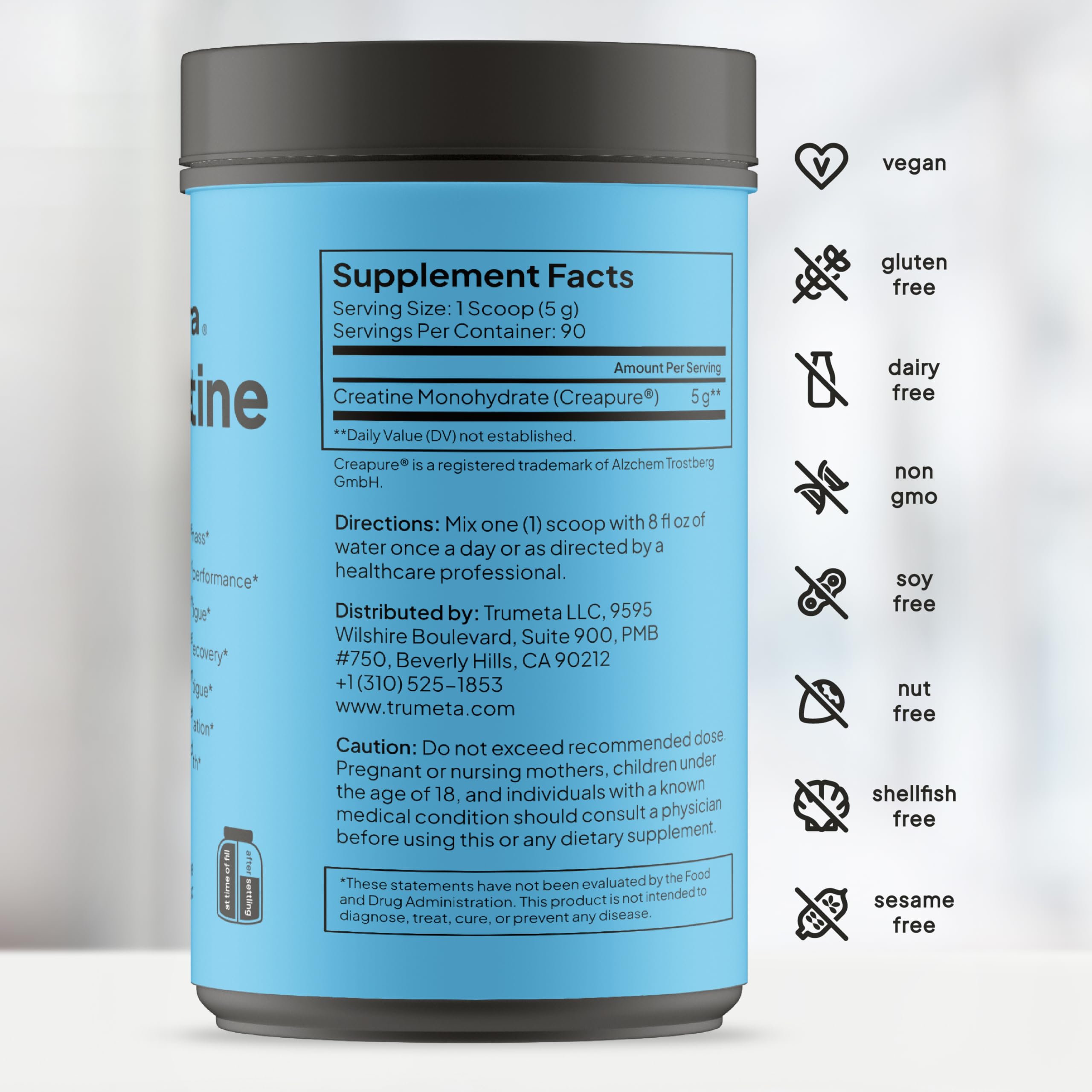 TRUMETA Créatine Monohydrate - etiquette, lisibilité facilitant le suivi des doses.