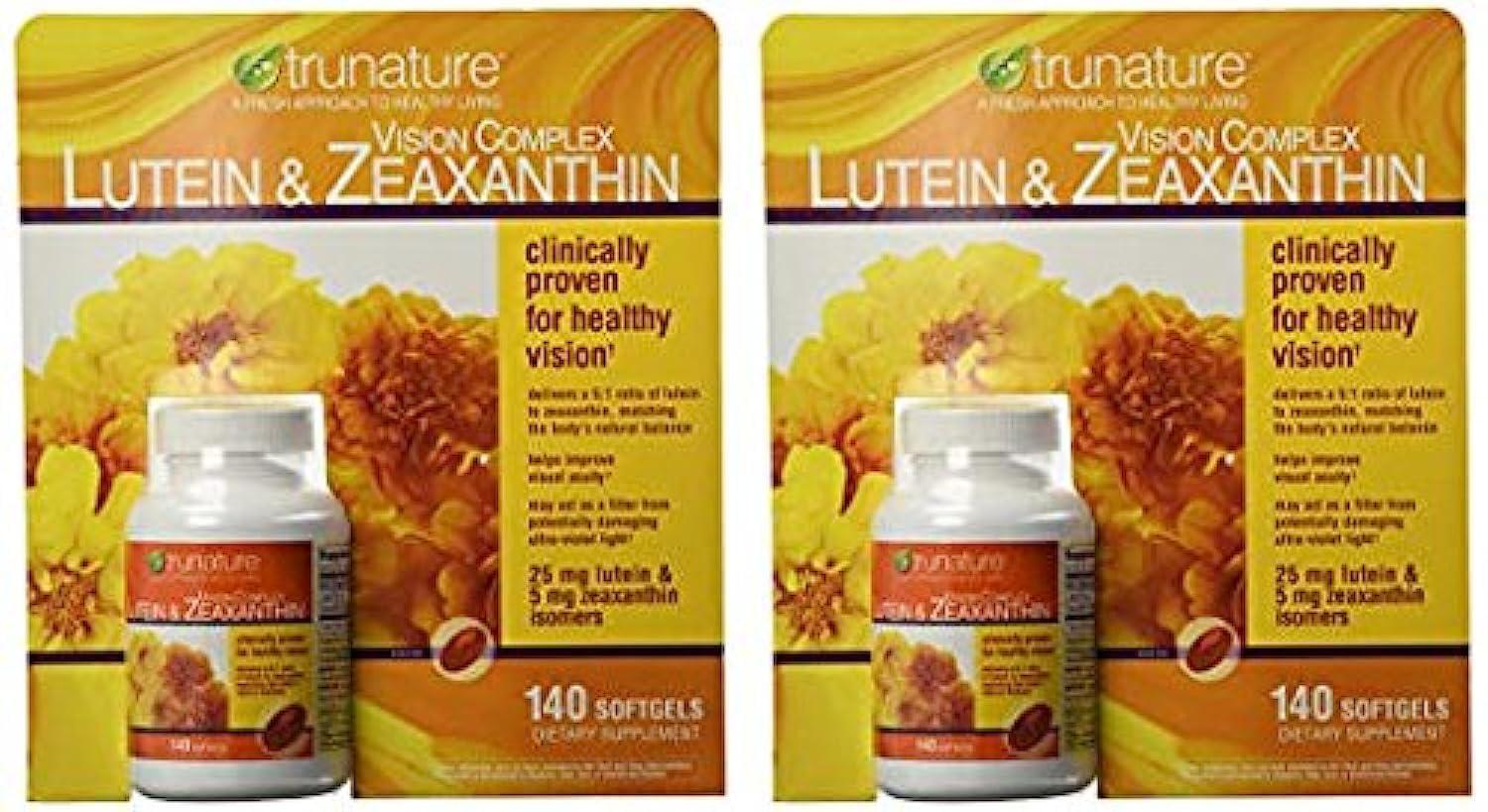 TruNature Vision Complex: flacon de gélules soutient le bien-être visuel potentiel grâce à lutéine et zéaxanthine.