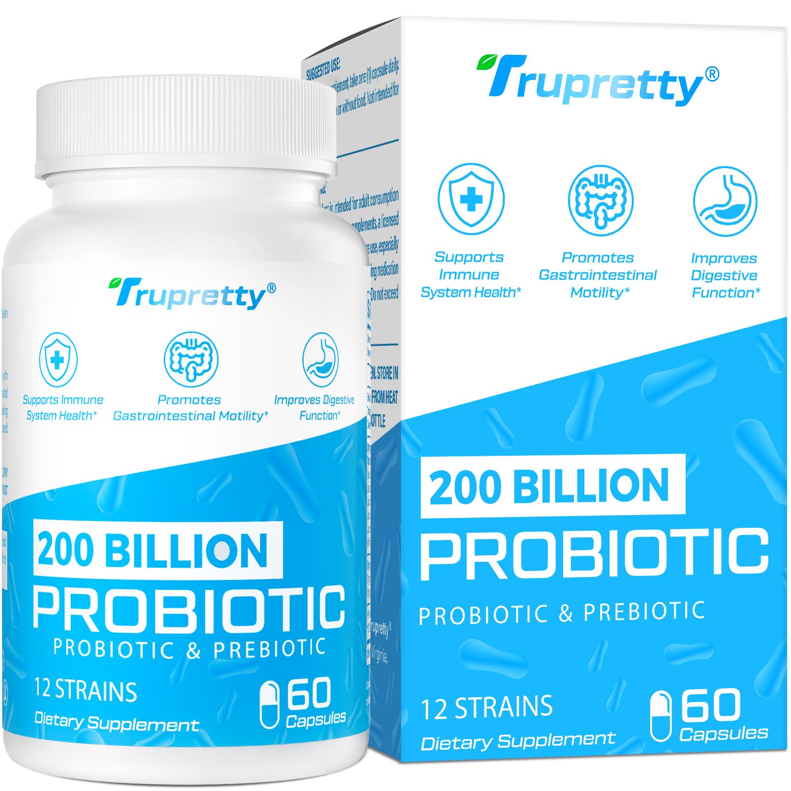 Trupretty: Bouteille probiotiques 200 milliards CFU pour un équilibre intestinal.