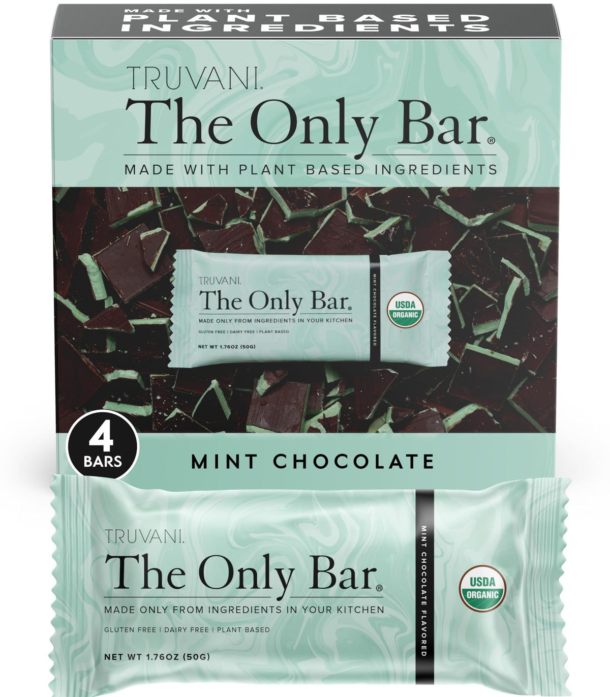 Barre Truvani végétale chocolat menthe avec emballage individuel pratique à emporter.
