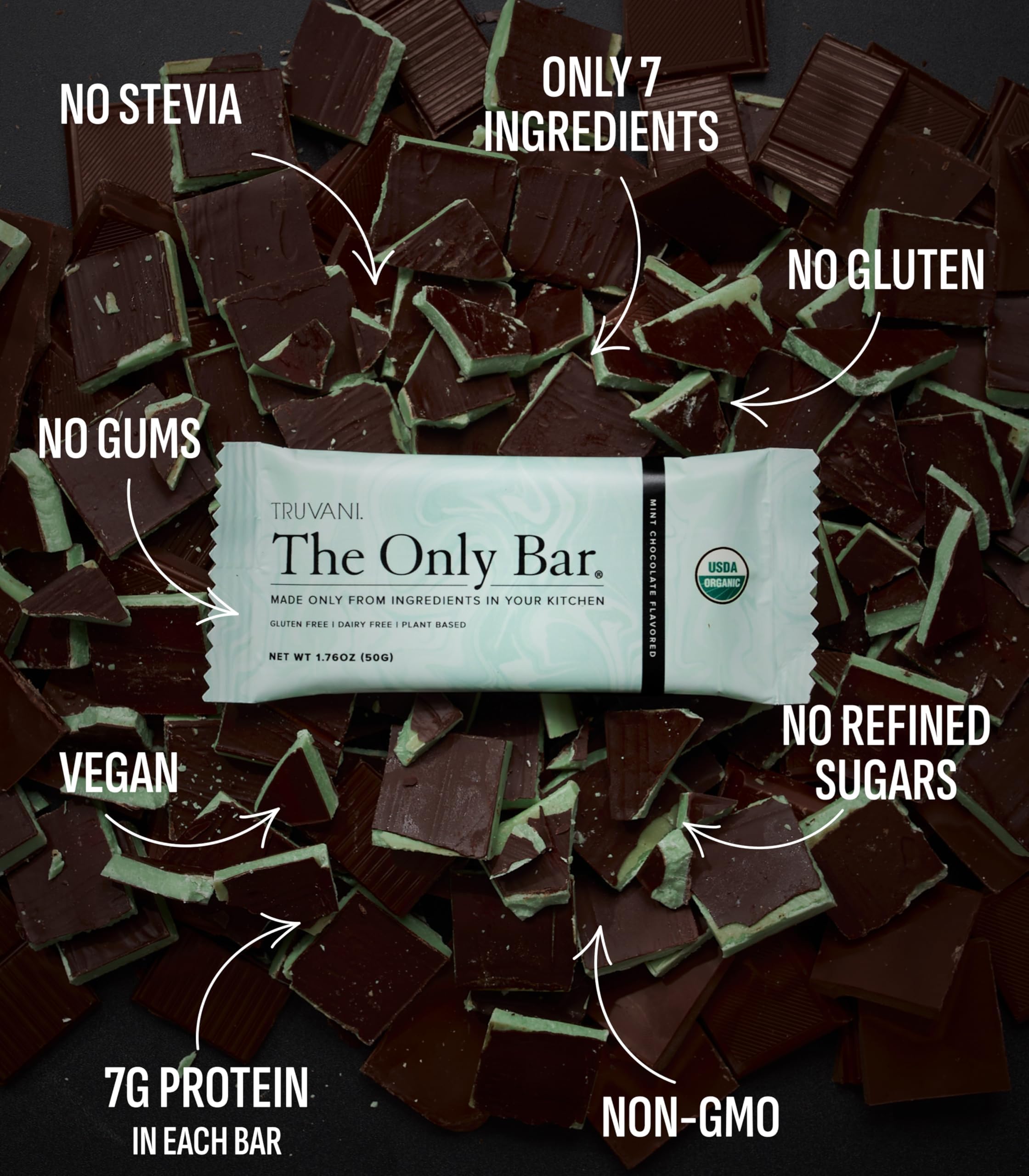 Énergie quotidienne avec Truvani barres végétales chocolat menthe.
