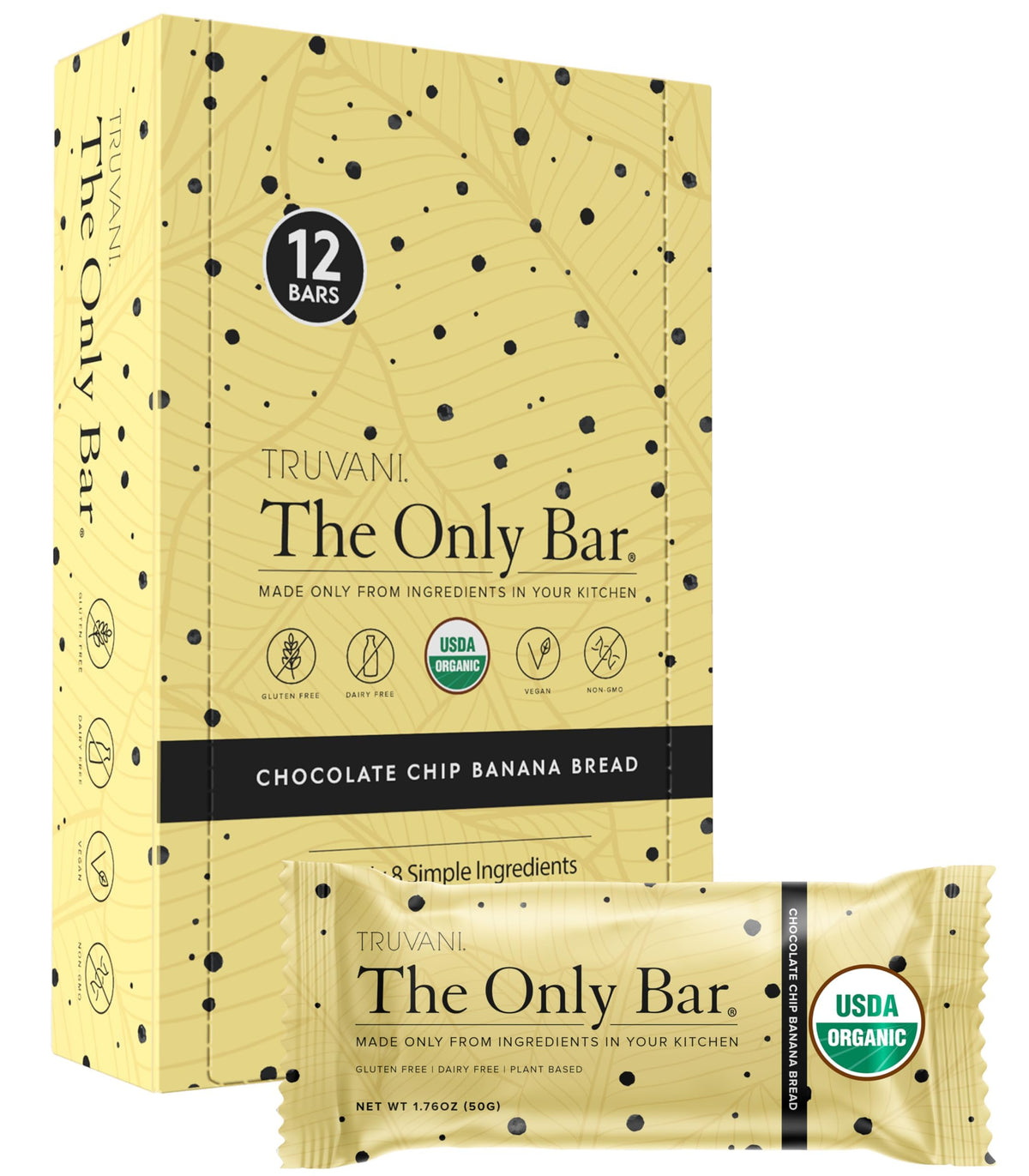Barre Truvani végétale chocolat pépites banane pain, snack gourmand