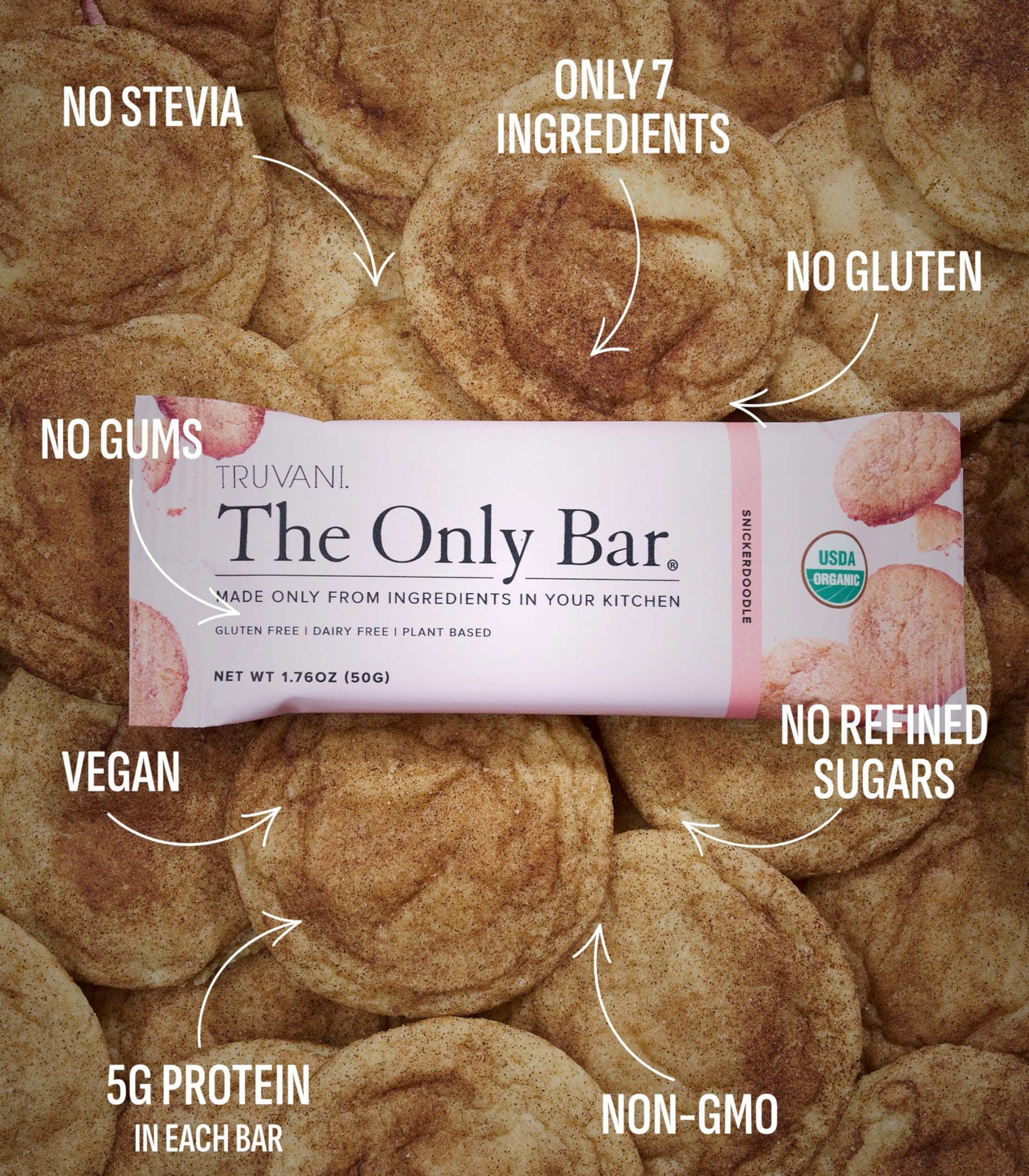 Truvani Snickerdoodle ingrédients naturels, goût authentique et sans additifs artificiels.