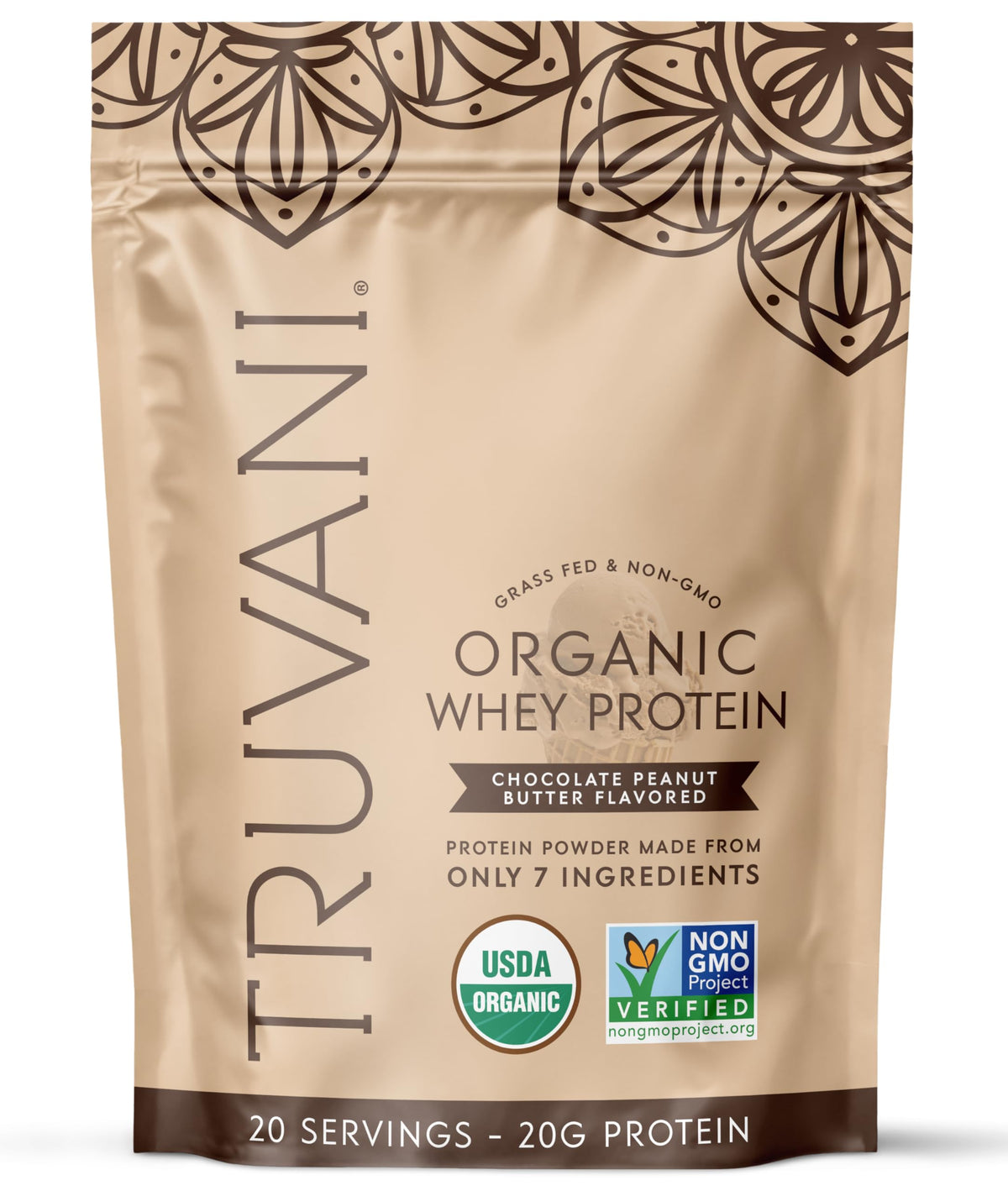 Poudre whey biologique Truvani dans emballage, idéale pour un petit déjeuner protéiné.