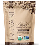 Poudre whey biologique Truvani dans emballage, idéale pour un petit déjeuner protéiné.
