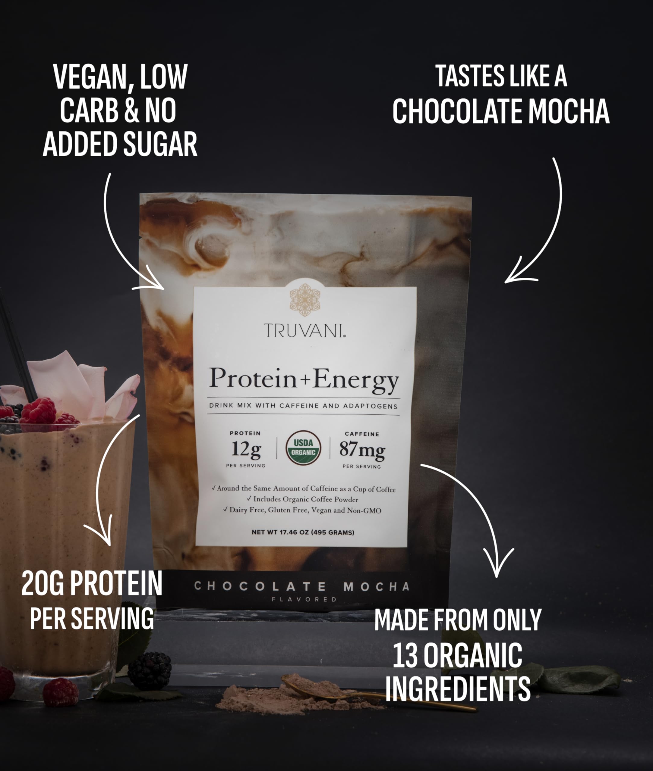 Préparation café adaptogènes Truvani avec goût chocolat mocha et énergie durable.
