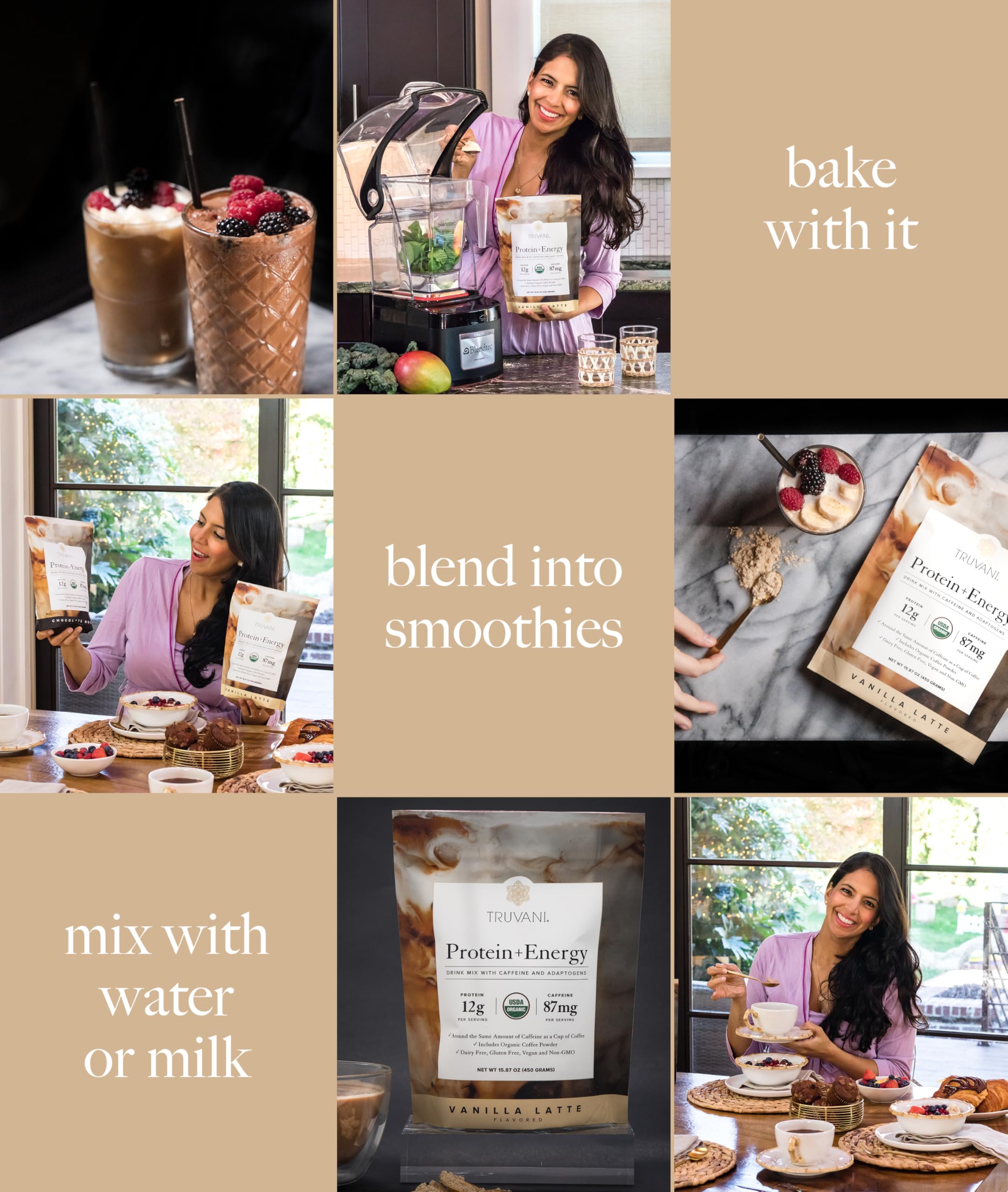 Truvani Protein + Energy vanille-latte étiquette bio — produit certifié biologique et sans allergènes.