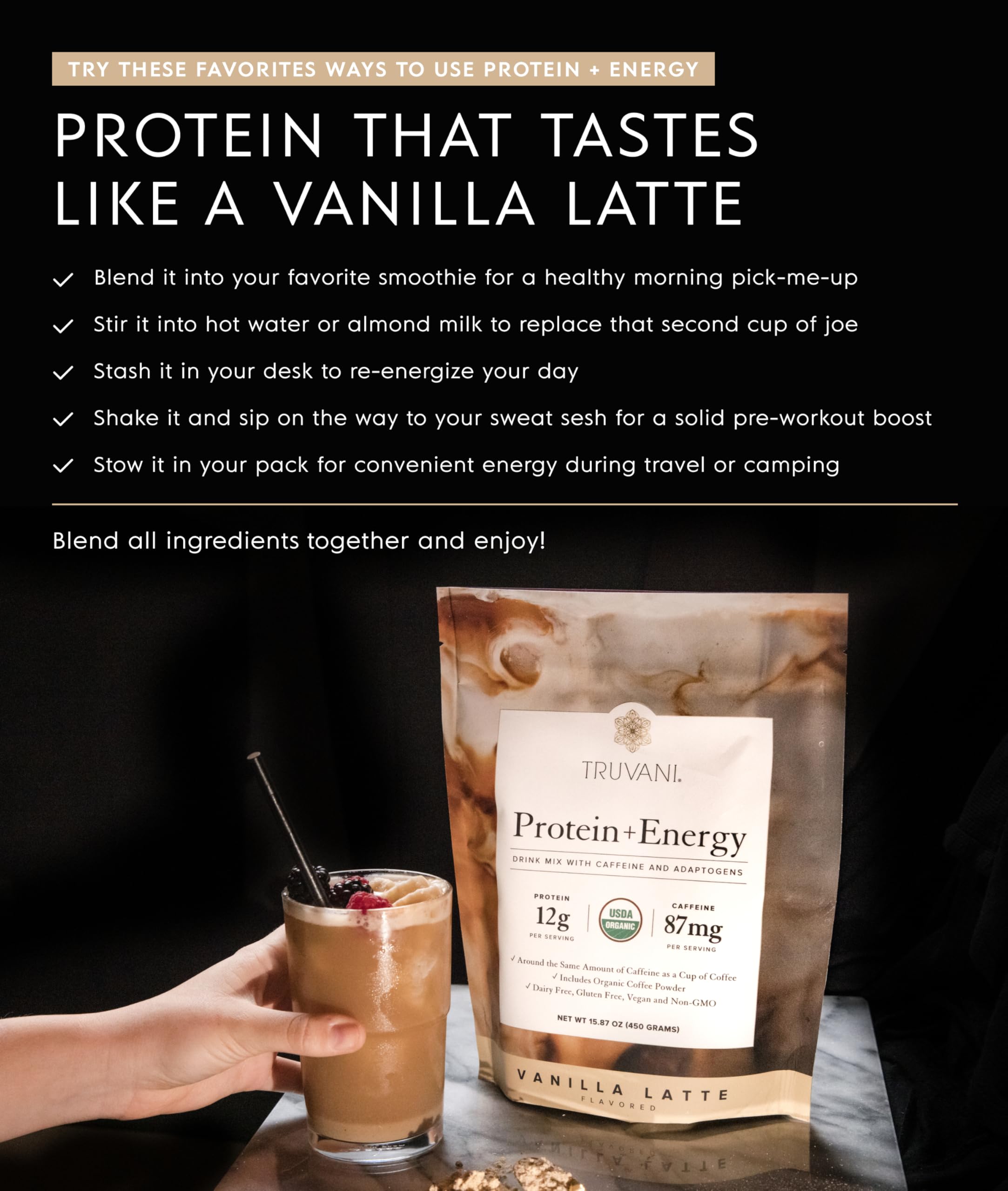 Truvani Protein + Energy vanille-latte ingrédients propres — sans gluten, sans lactose.