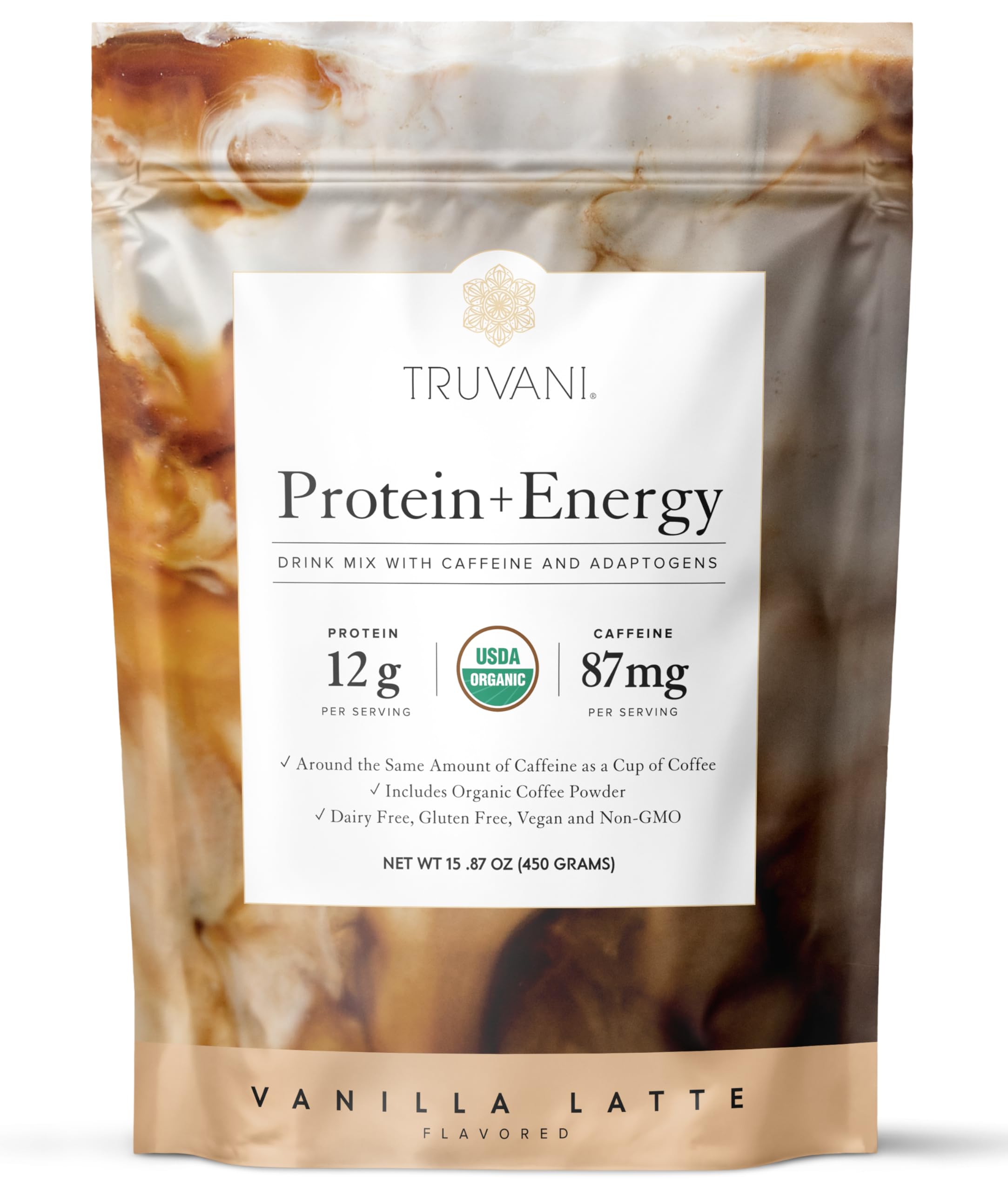 Truvani Protein + Energy vanille-latte poudre — dose idéale pour démarrer la journée.