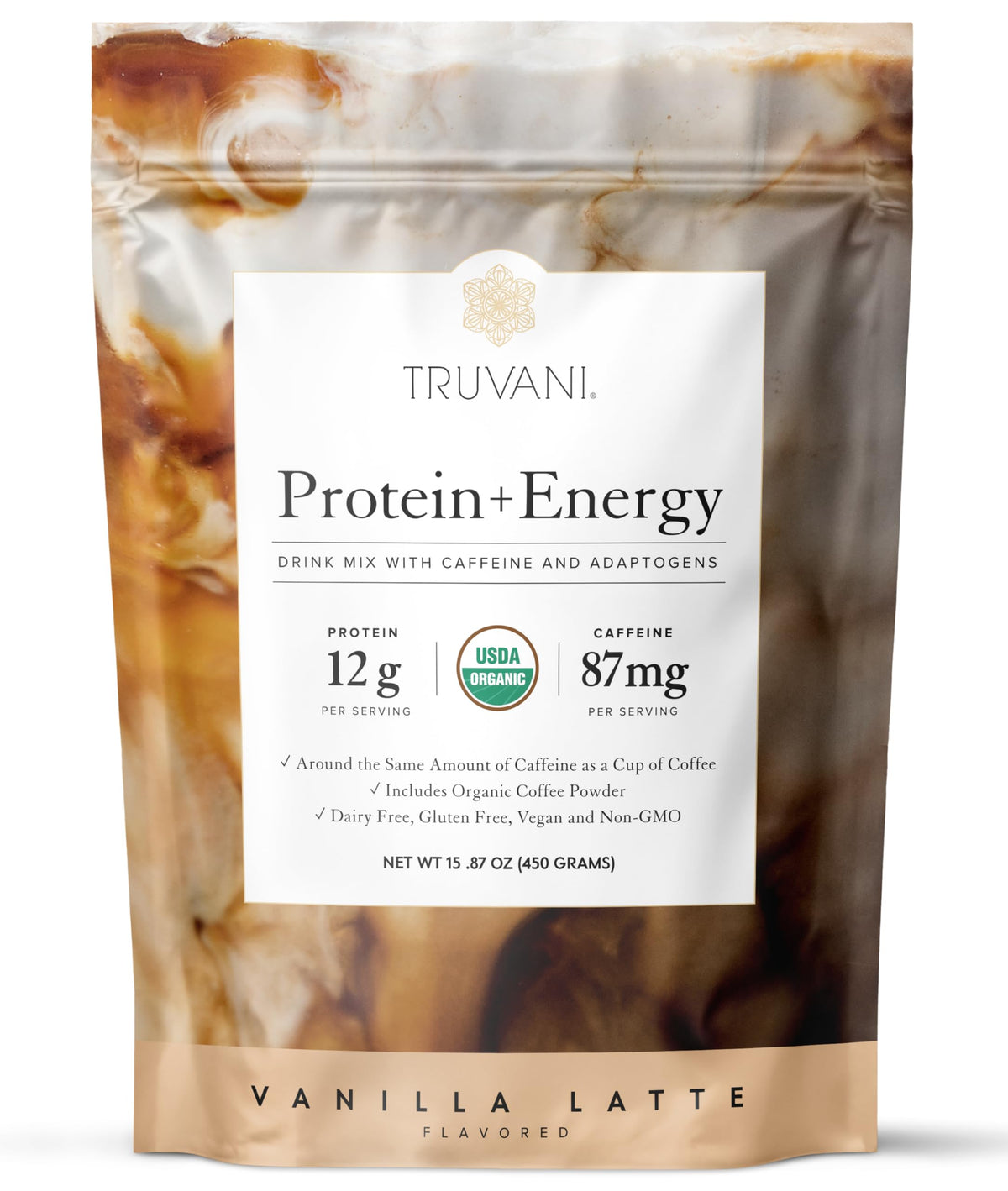 Truvani Protein + Energy vanille-latte poudre — dose idéale pour démarrer la journée.