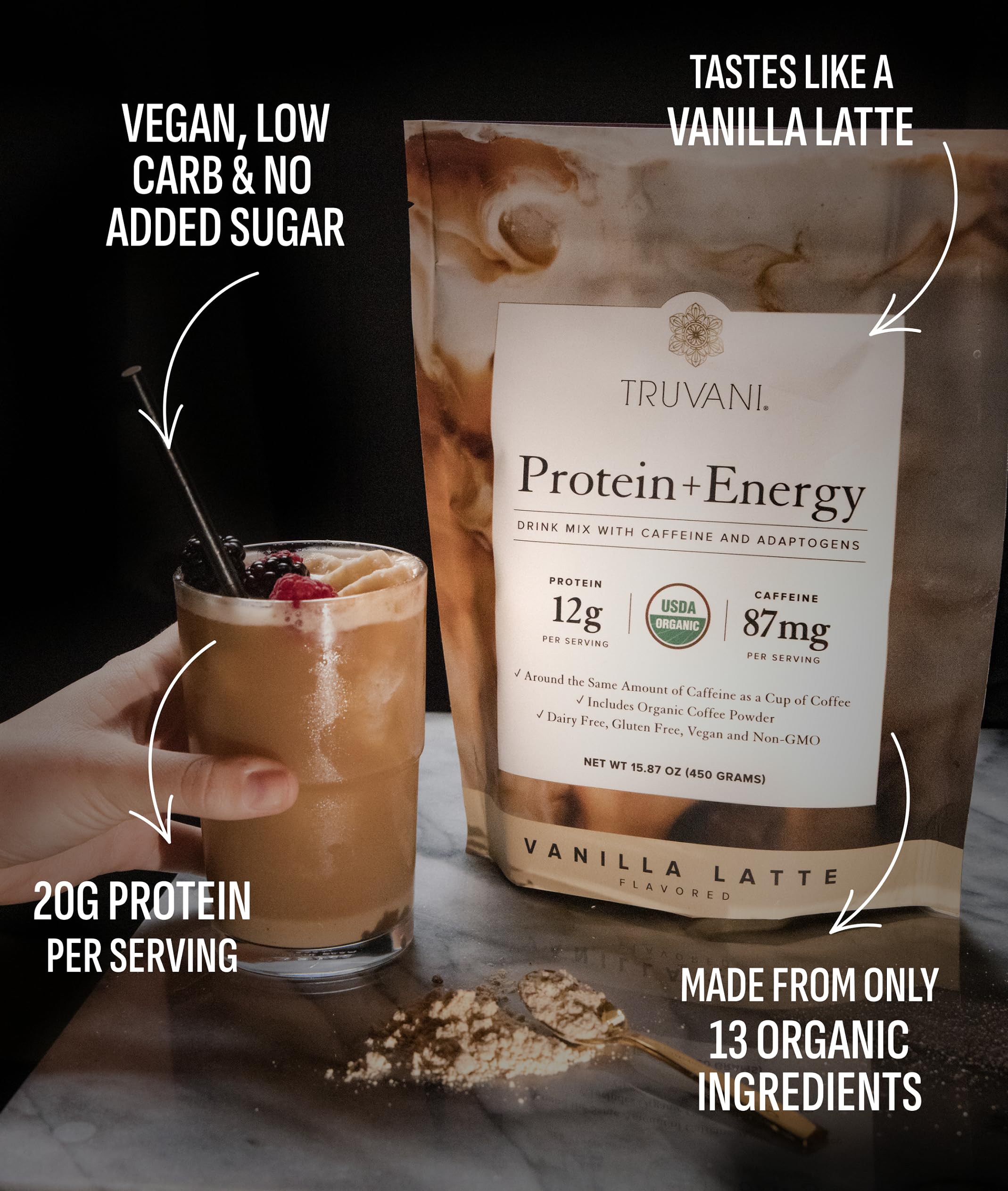 Truvani Protein + Energy vanille-latte prêt à mélanger — énergie pratique toute la journée.