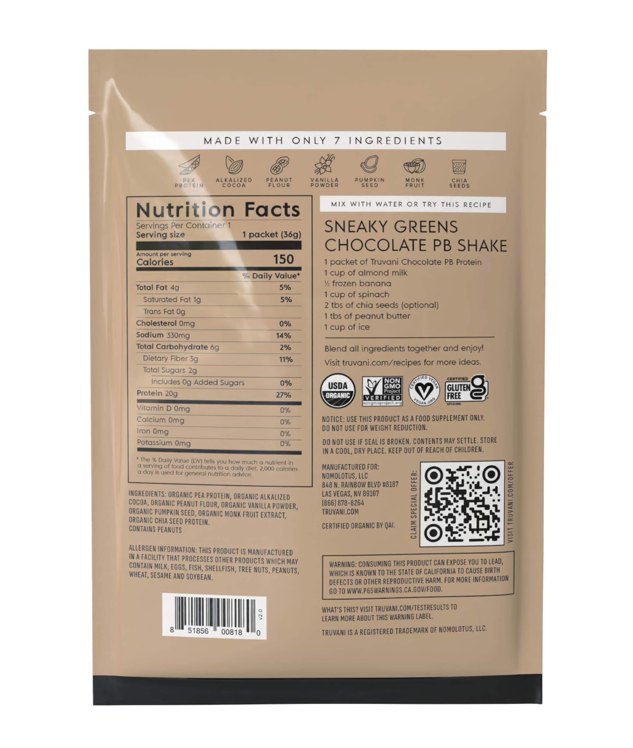 Préparation rapide Truvani protéine pois chocolat cacahuète, shake prêt en quelques minutes, régime cétogène possible.
