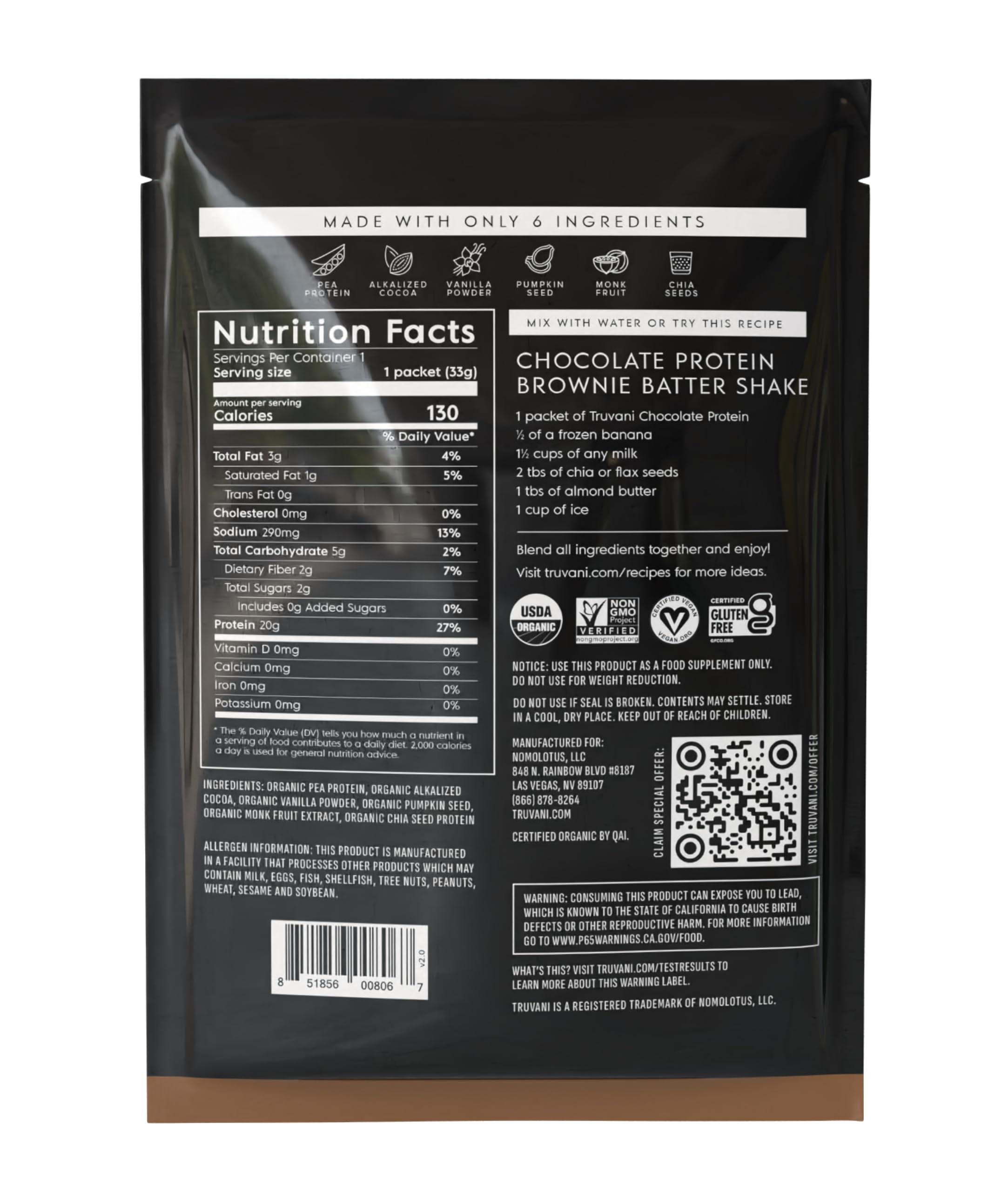 Truvani protéine pois-chocolat sans gluten et faible en glucides, option Régime cétogène.