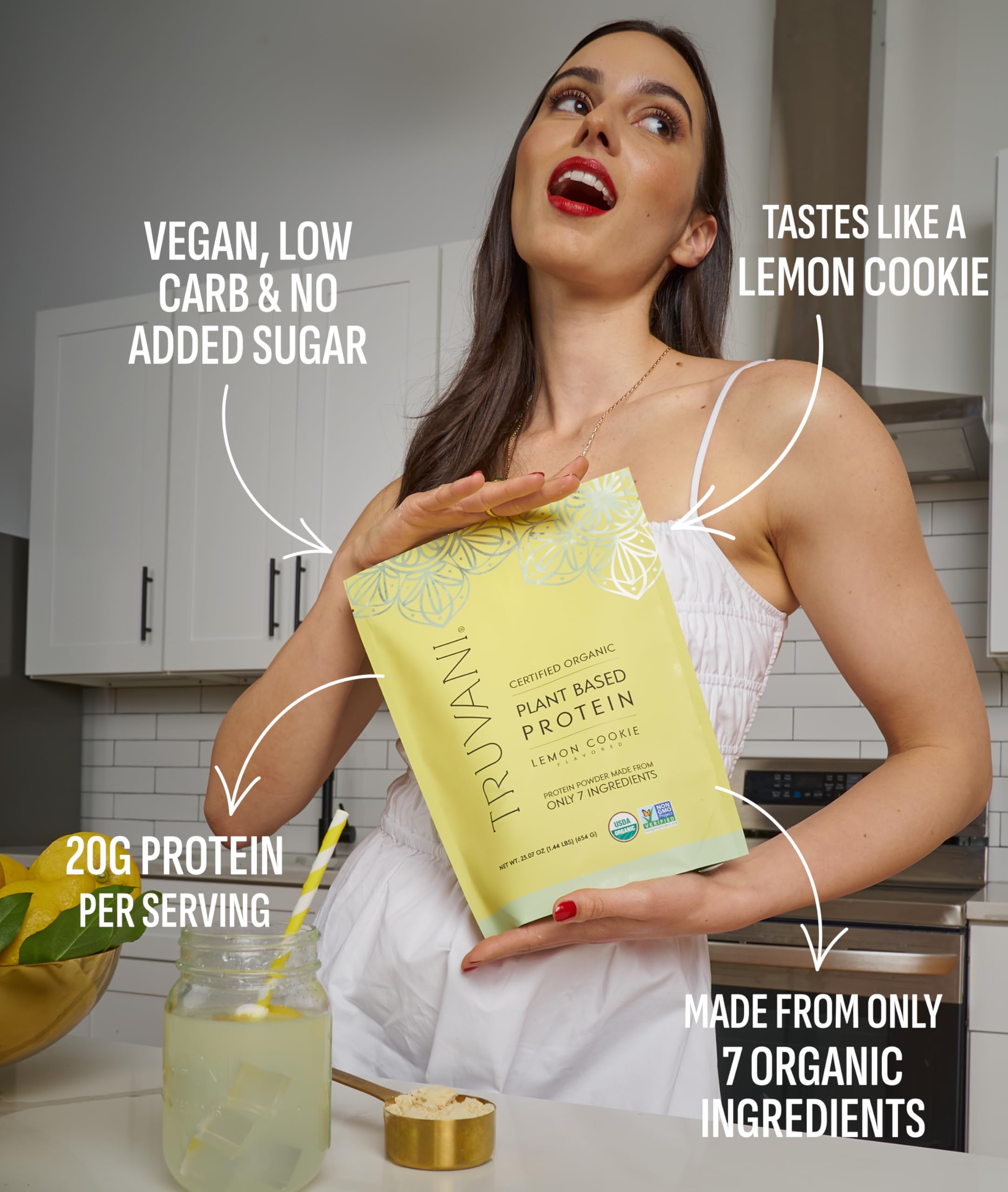 Poudre Truvani pois citron-cookie, texture lisse pour mélanges savoureux.