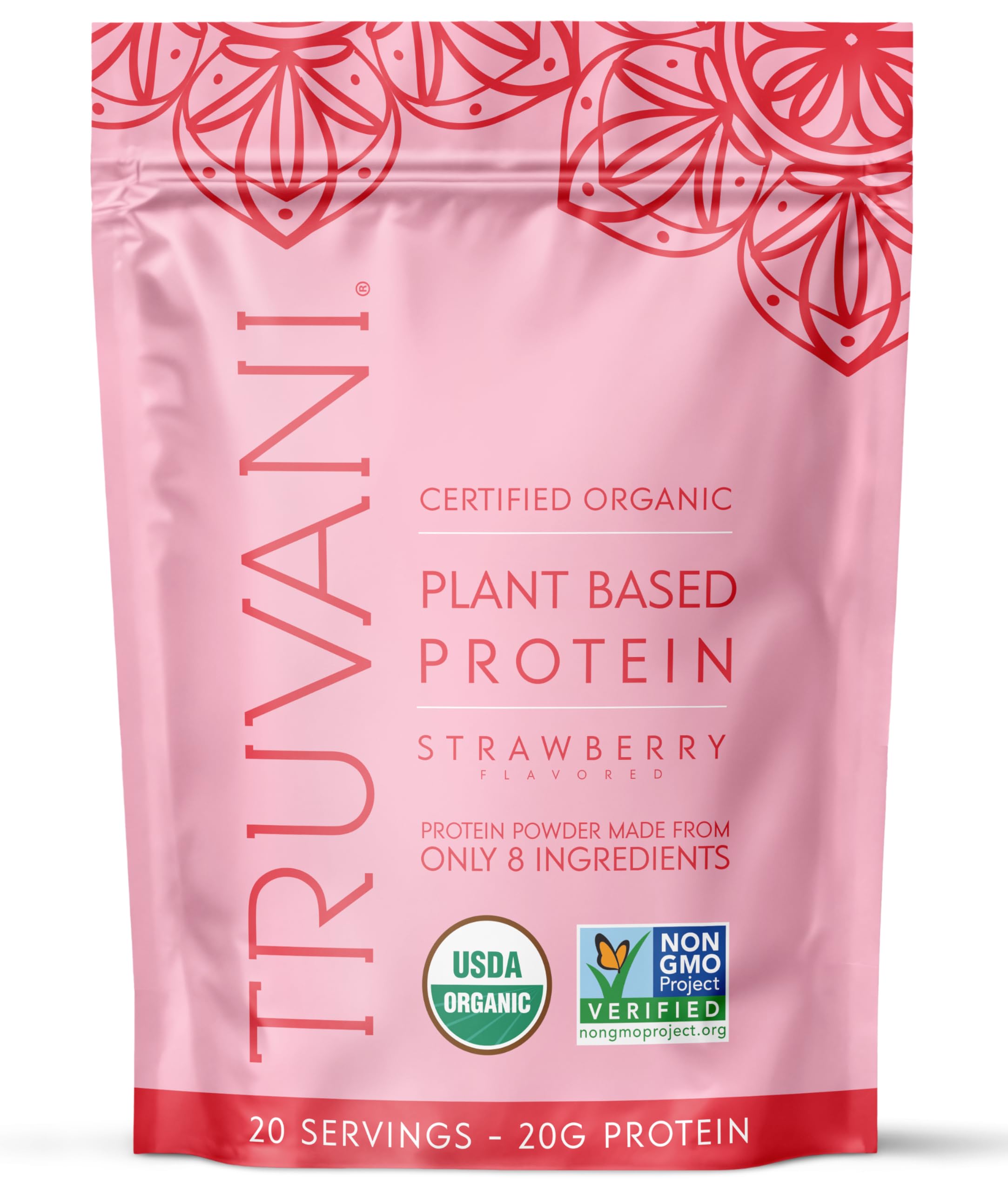 Truvani Protéine de Pois Fraise, emballage visible, idéale pour un petit-déjeuner protéiné rapide.