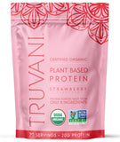 Truvani Protéine de Pois Fraise, emballage visible, idéale pour un petit-déjeuner protéiné rapide.