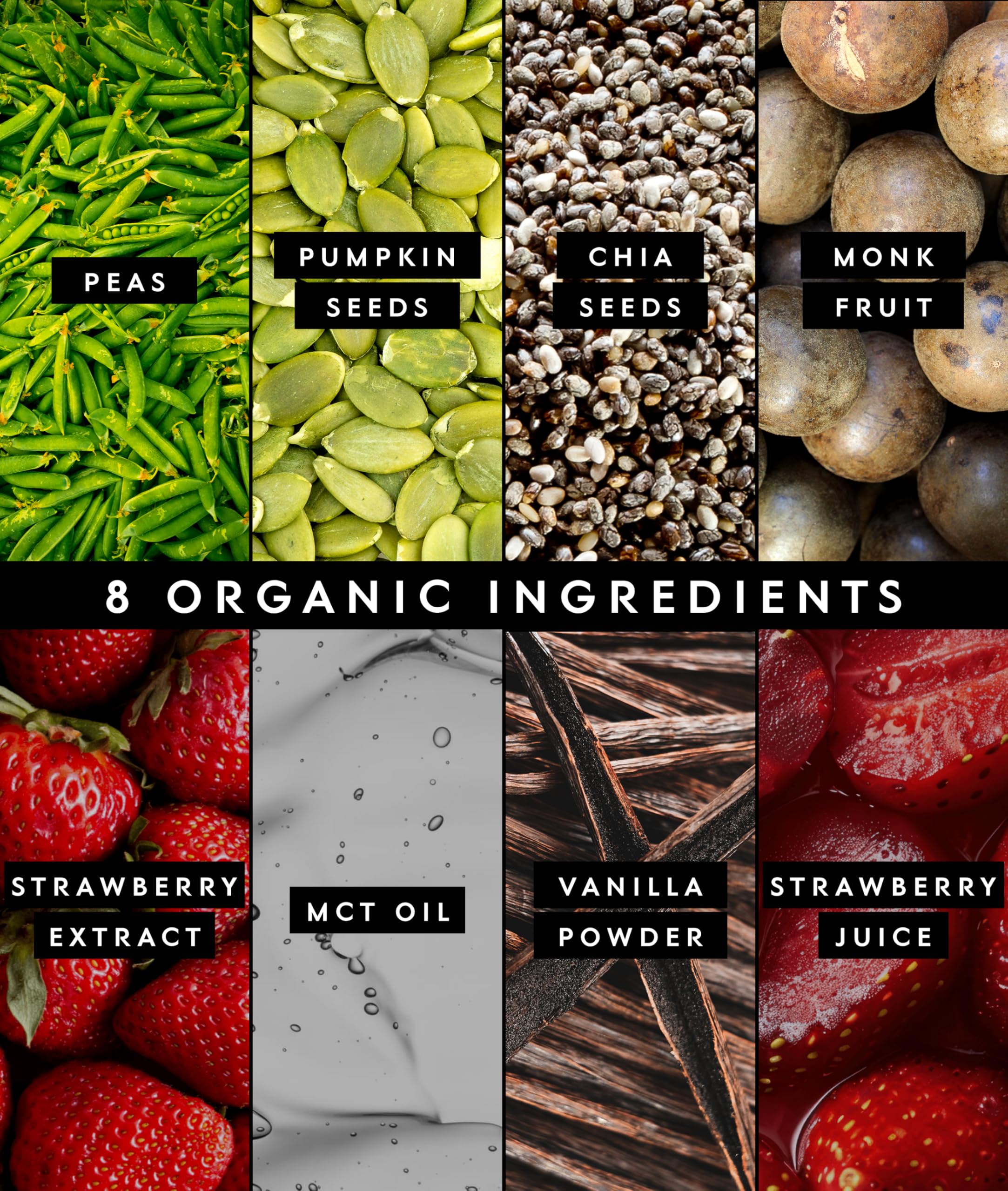 Truvani Protéine de Pois Fraise, ingrédients naturels, pois et graines pour un profil équilibré.