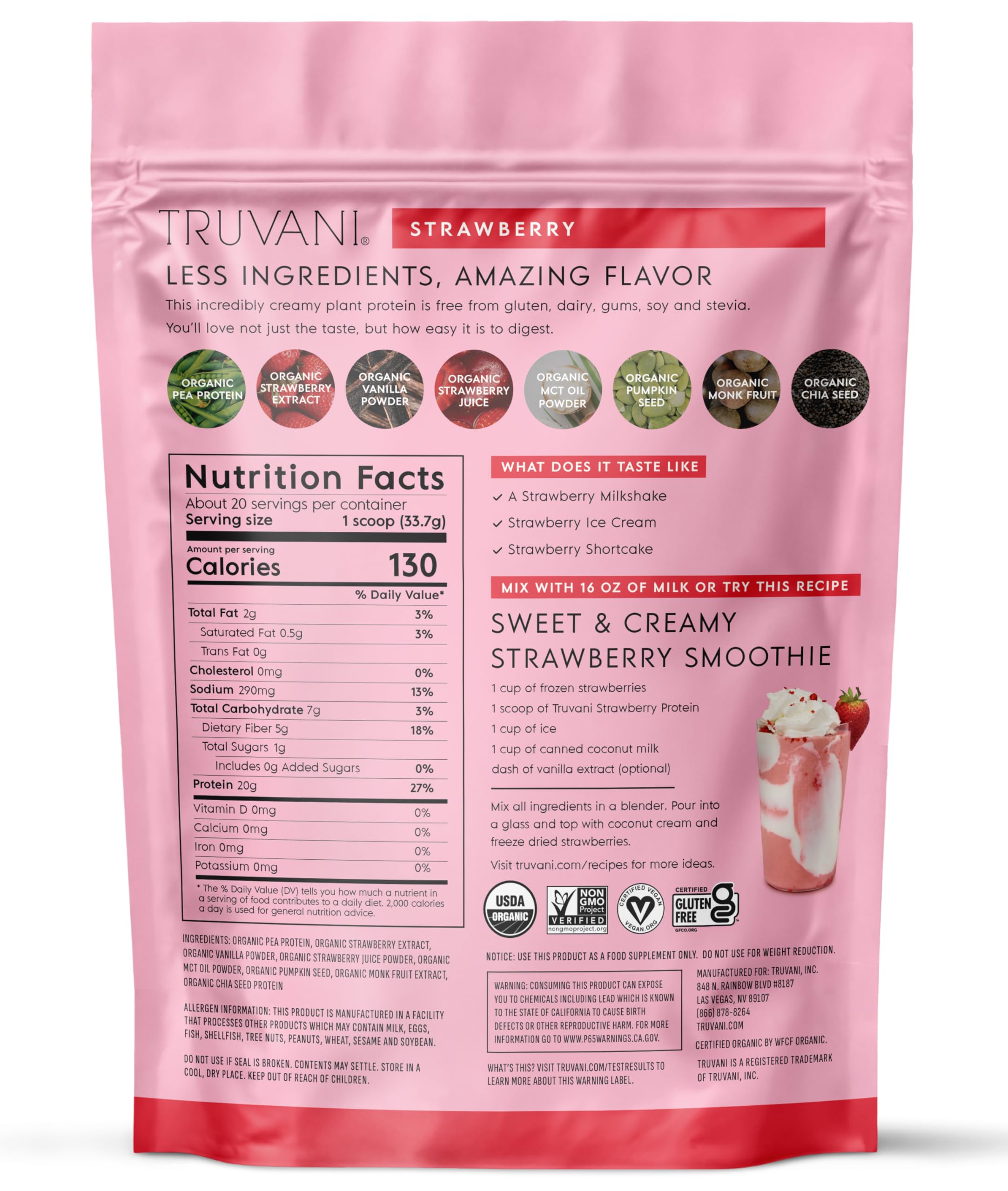 Truvani Protéine de Pois Fraise, compatible keto et sans gluten pour divers régimes.