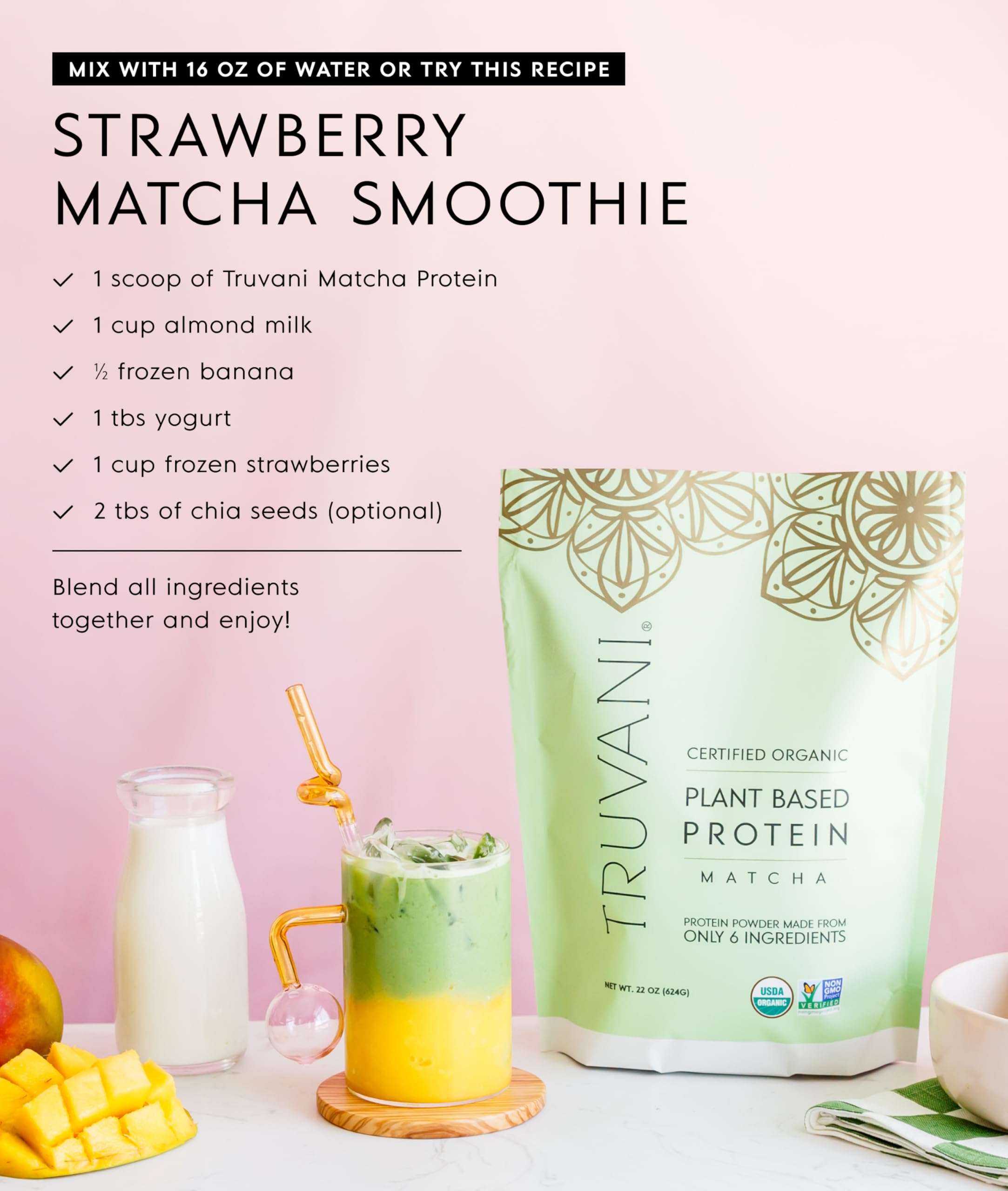 Poudre fine de protéine Truvani au matcha.
