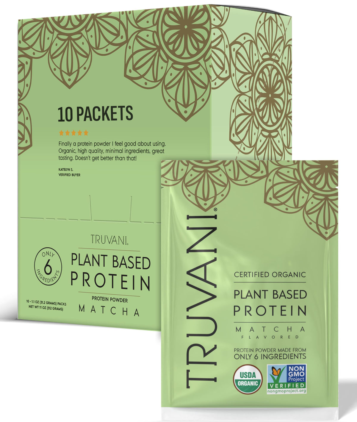 Poudre protéinée Truvani pois-matcha dans sachet individuel, idéal pour des collations rapides.