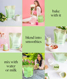 Shaker transparent avec mélange Truvani pois-matcha, boisson prête à boire.