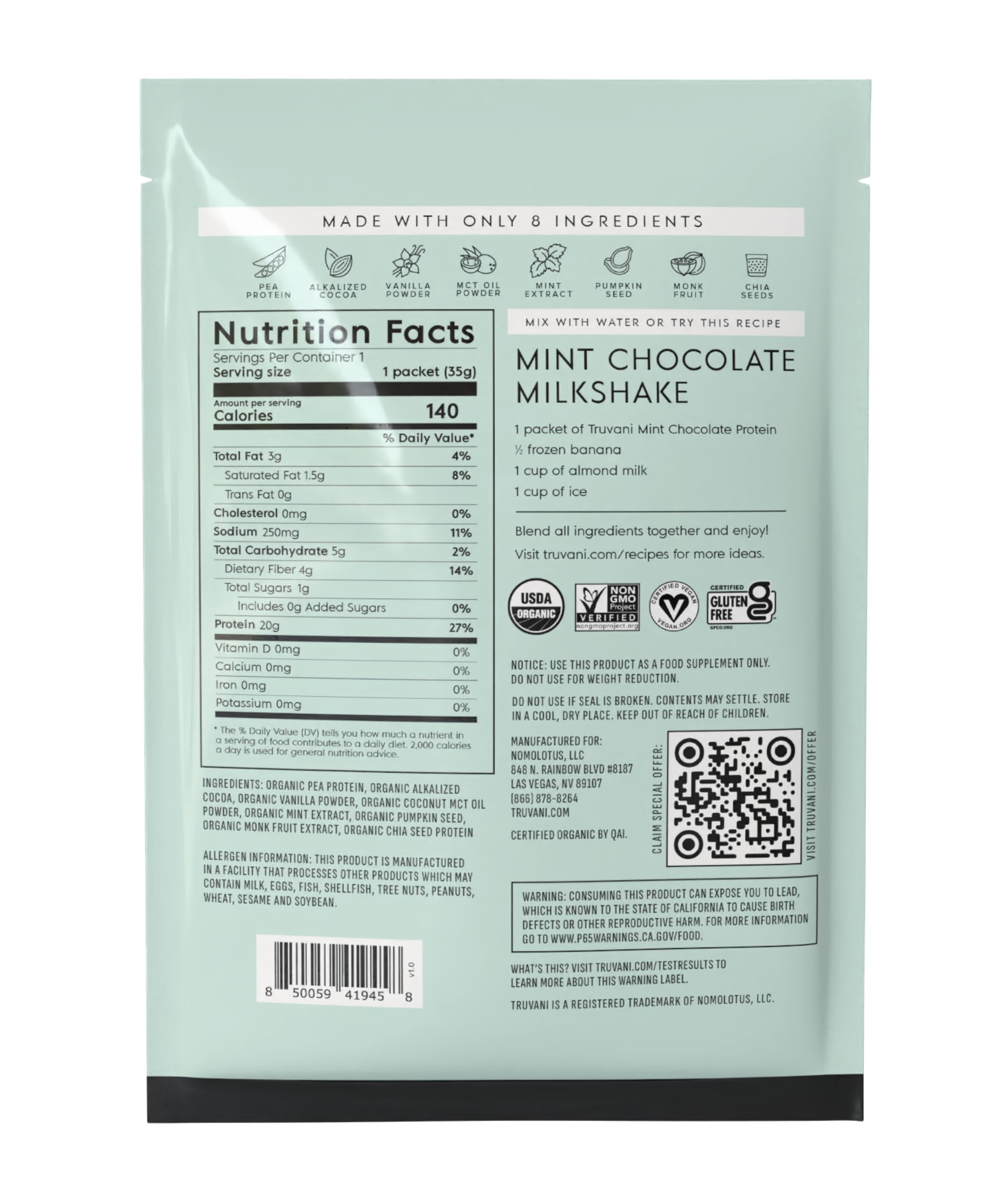 Truvani Protéine Pois Menthe Chocolat – Gourde : emporter facilement pour une collation protéinée en déplacement