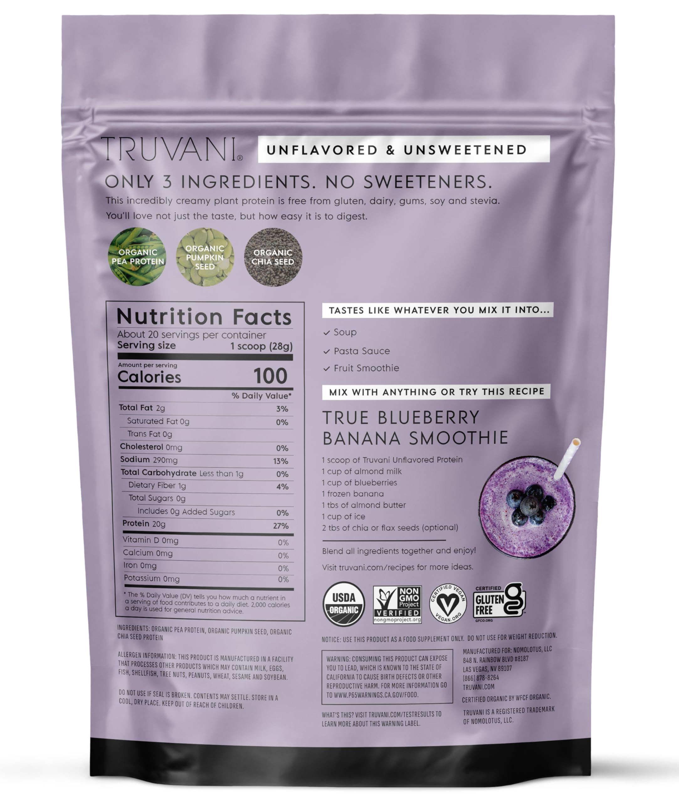 Truvani protéine pois nature: produit à faible teneur en glucides, idéal régime keto.