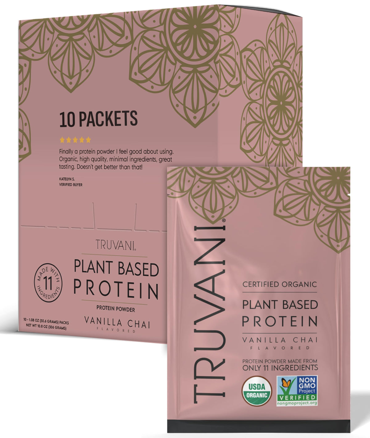 Protéine végétale Truvani en sachet individuel, dosage pratique pour trajets quotidiens.