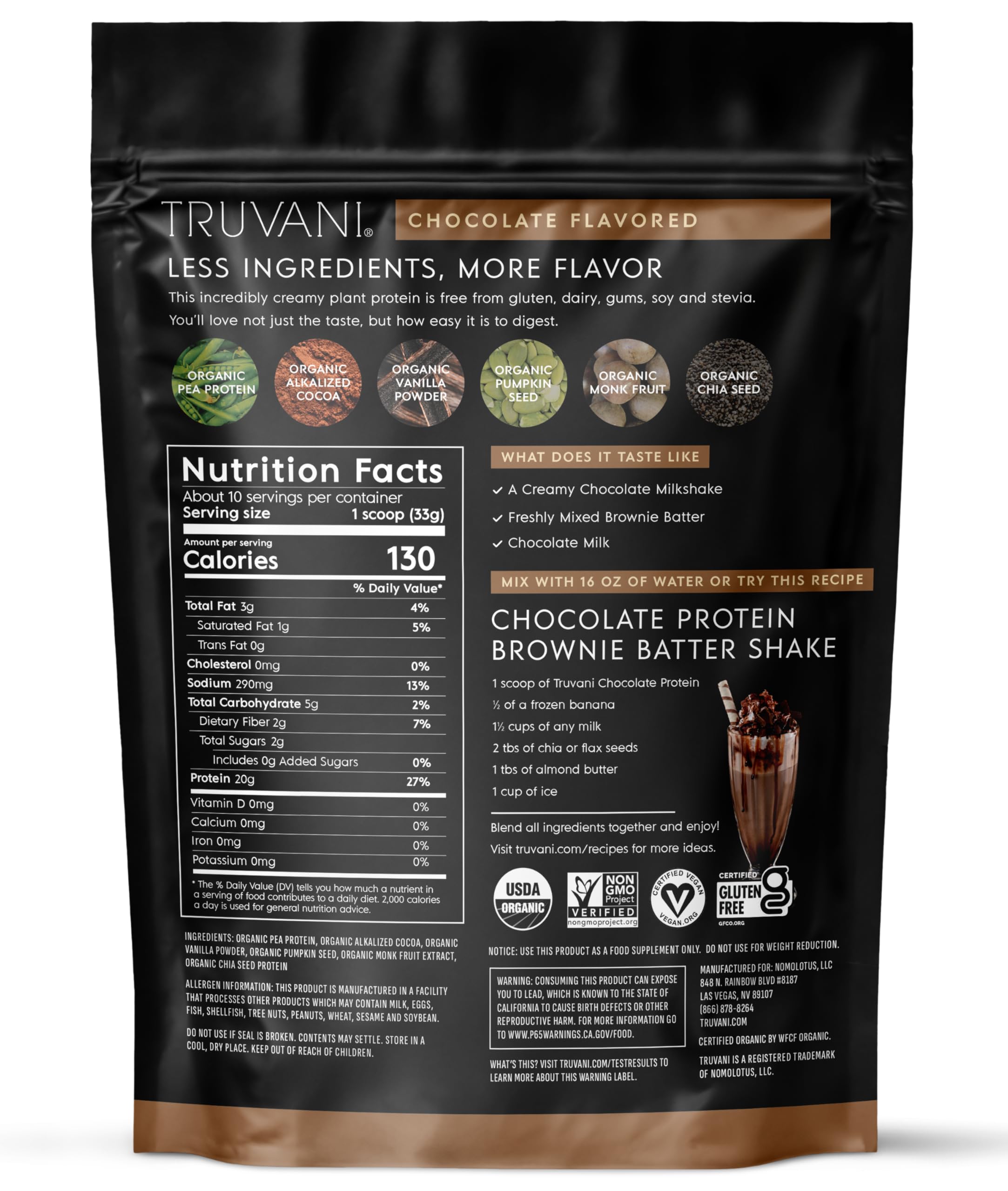 Smoothie Truvani chocolat: base saine pour recettes véganes.