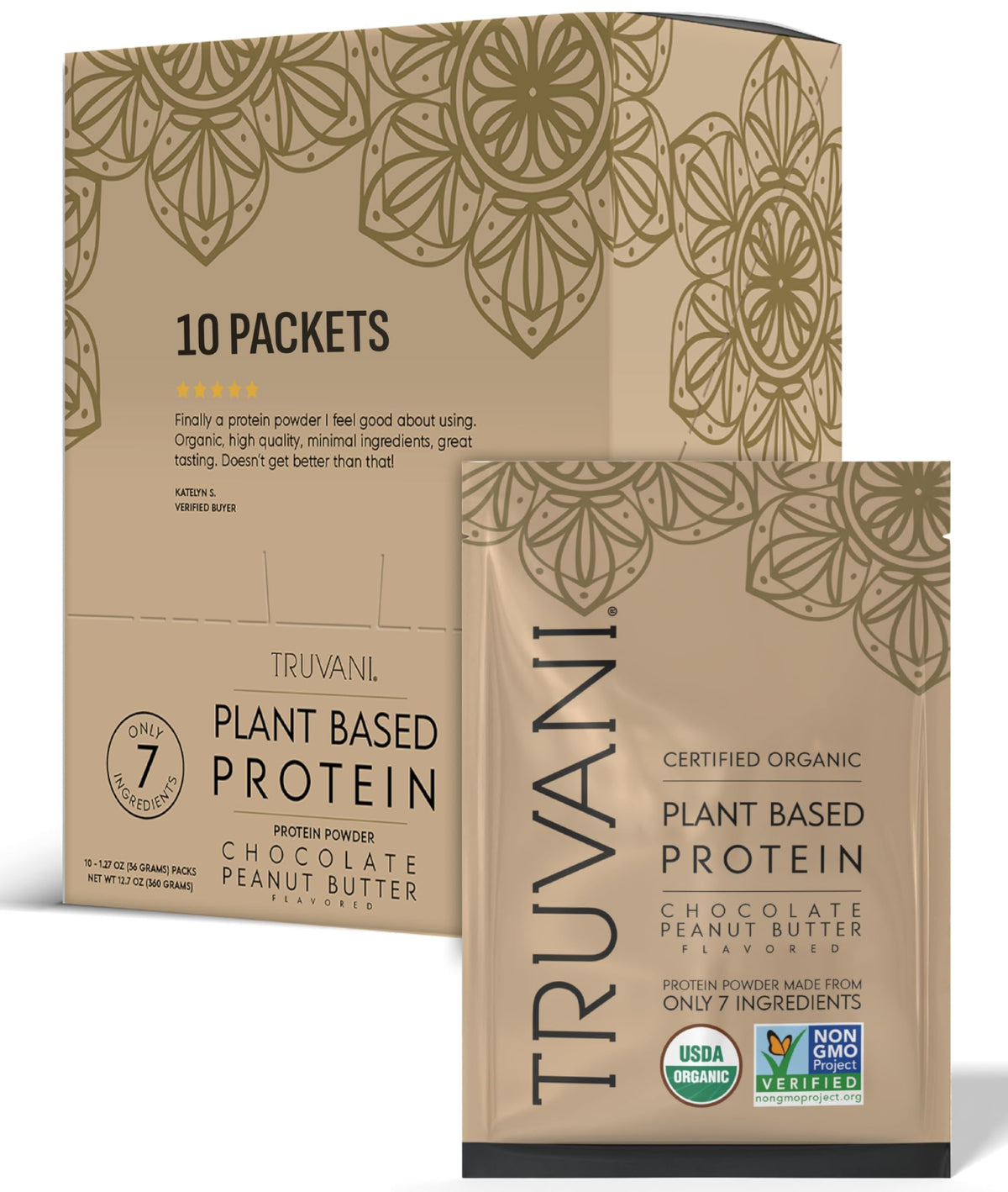 Truvani protéine végétale en sachet: saveur chocolat cacahuète, pratique à emporter.