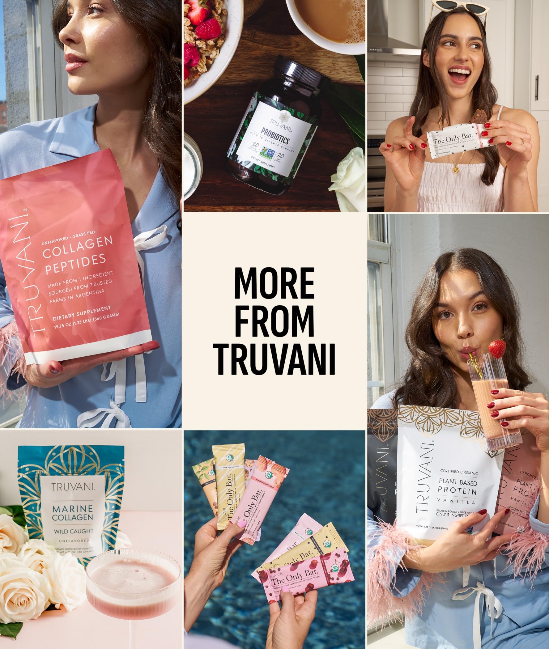 20 portions par paquet, whey vanille Truvani adaptée à diverses utilisations.