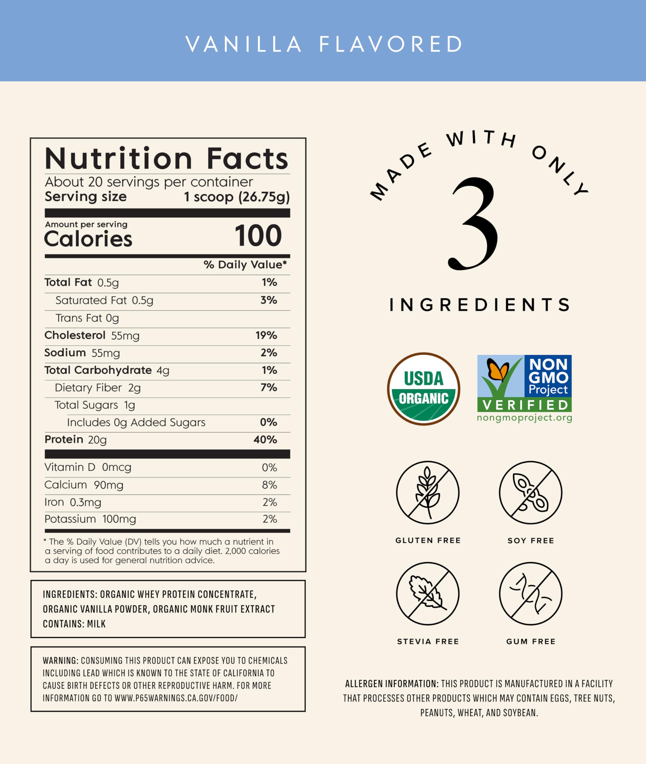 Dose de protéine Truvani whey vanille montrant une portion de 20 g.